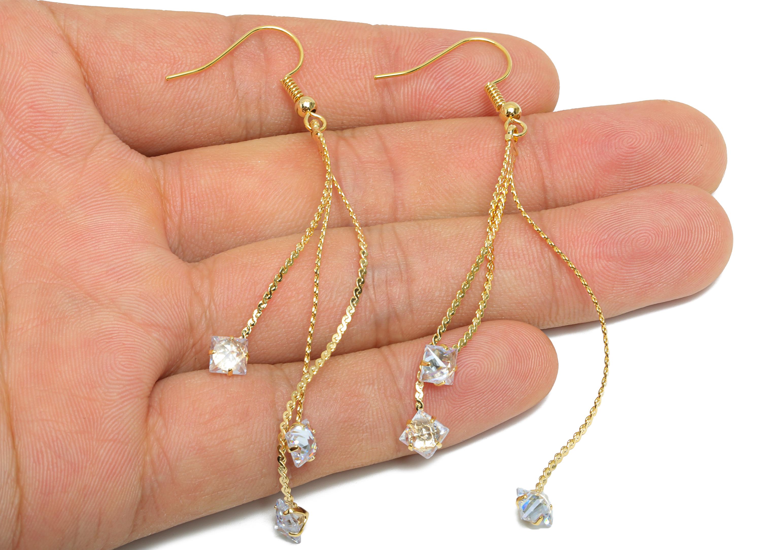 Zircon Chain Tassel Earring - Brass Gold Tassel Earring Hook - Brass Snake Chain Jewelry - 18K Real Gold Plating - 86x6.8x4.2mm - RGP9360 - DOMEDBAZAAR