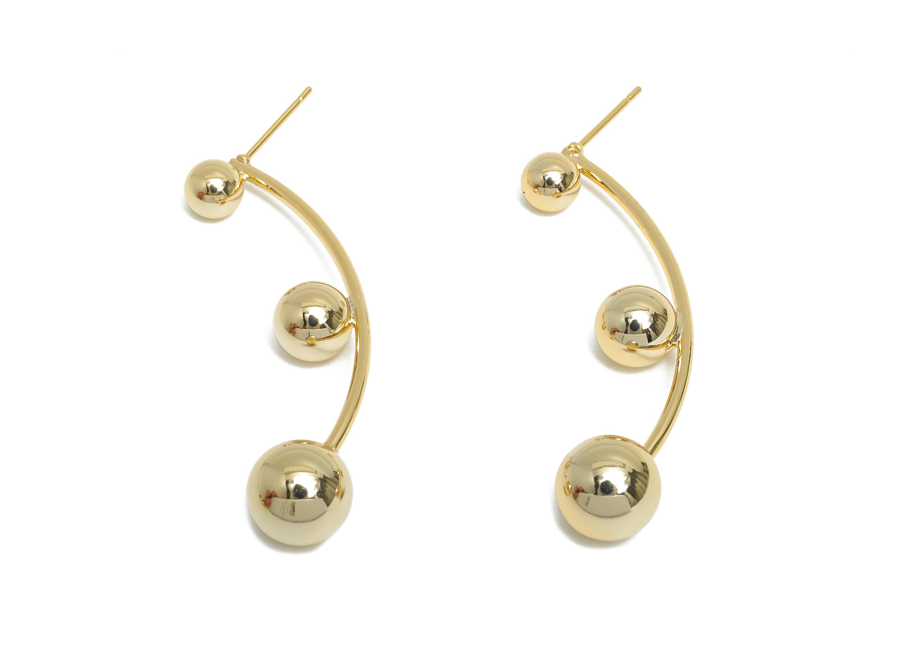 Gold Ball Earring Stud - Brass Minimalist Sculptural Ball Earring - Cocktail Parties Jewelry - 18K Real Gold Plated - 54x9.7x9.7mm - RGP9366 - DOMEDBAZAAR