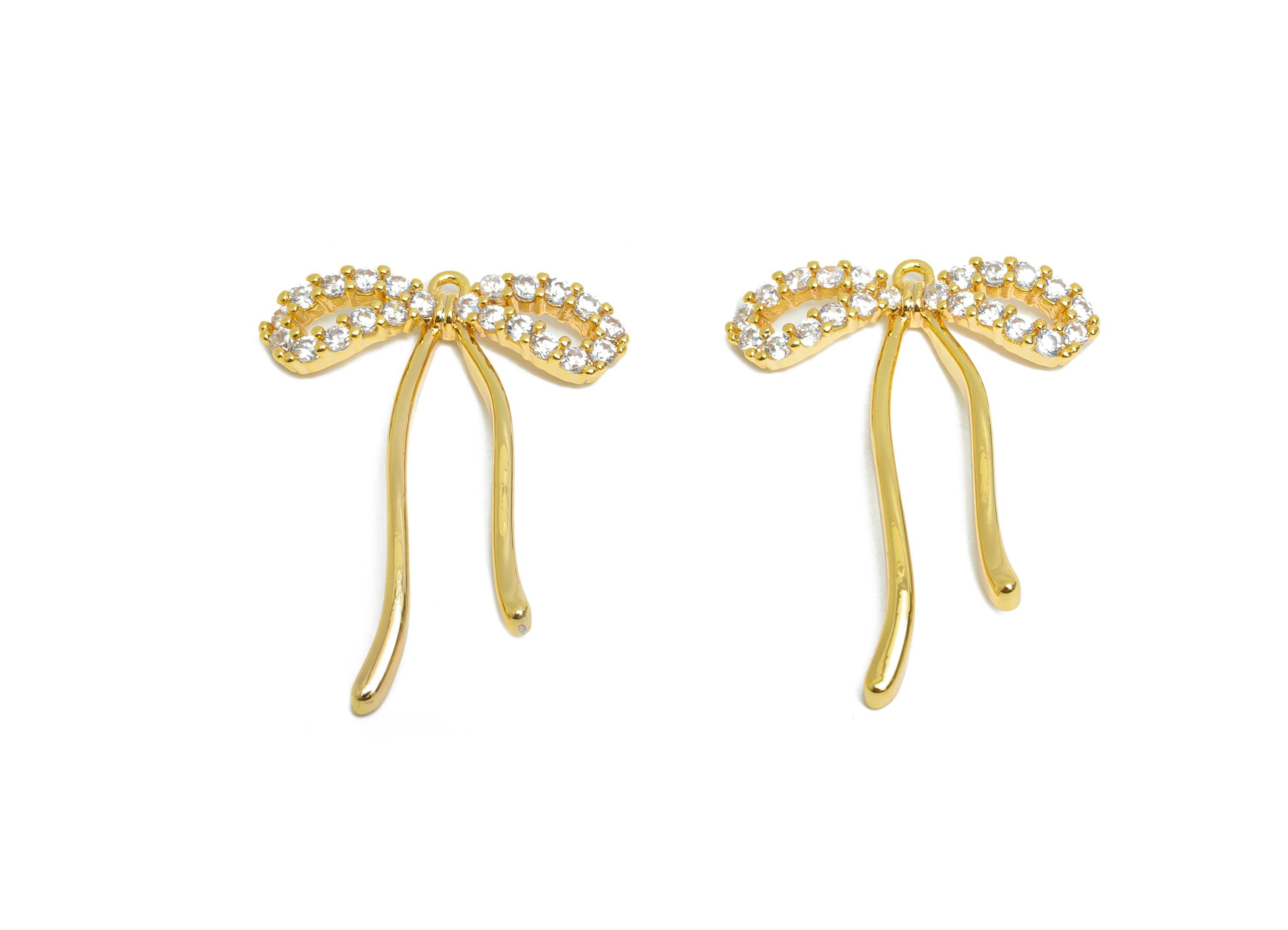 Gold Bow Pendant - Brass Sparking Cute Ribbon Earring Charm - Elegant Jewelry - Gift for Her- 18K Real Gold Plated - 27x19x1.7mm - RGP9376 - DOMEDBAZAAR