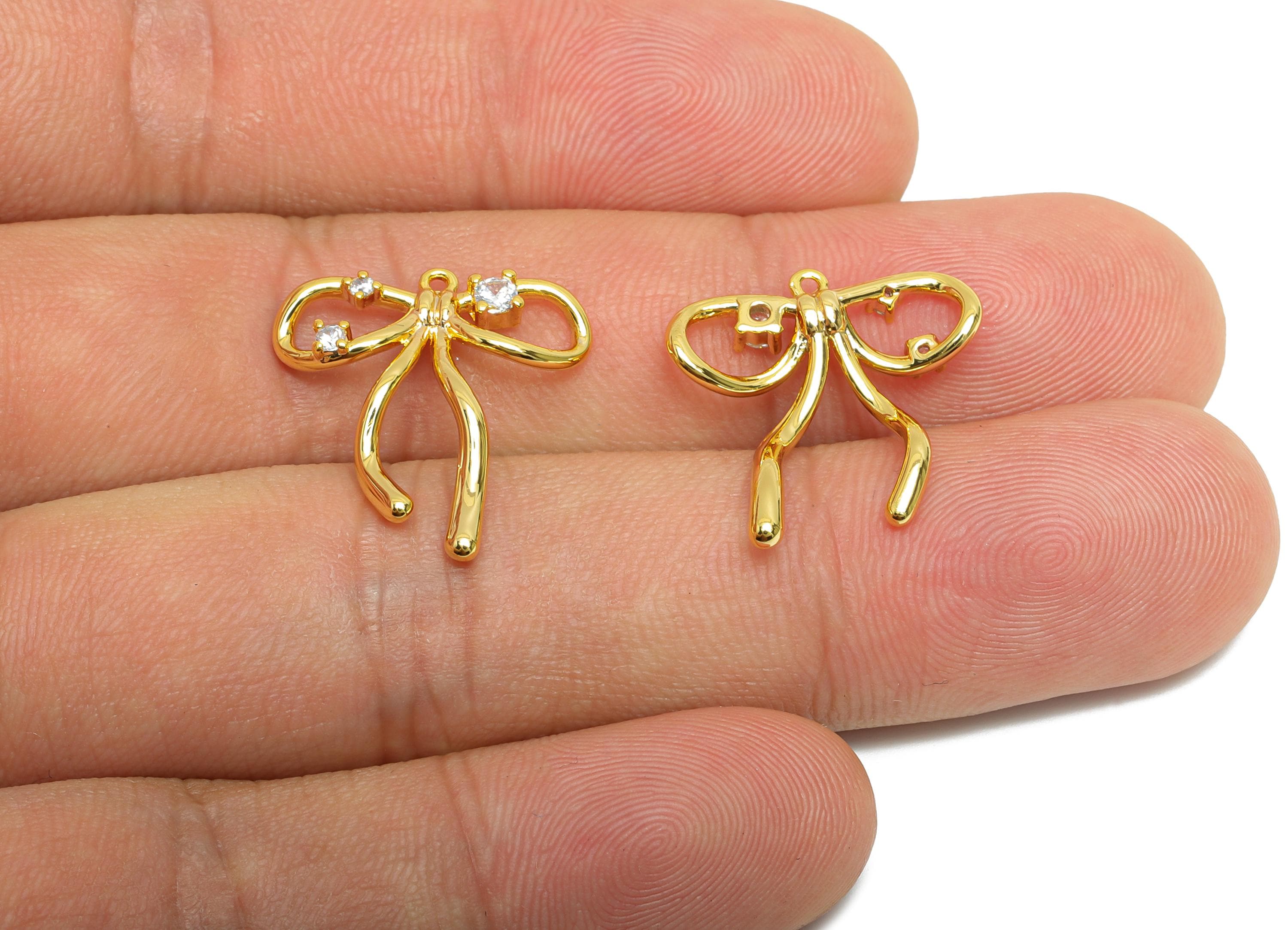 Gold Bow Pendant - Brass Sparking Glamorous Earring Charm - Elegant Modern Jewelry - 18K Real Gold Plated - 19x18x1.7mm - RGP9377 - DOMEDBAZAAR