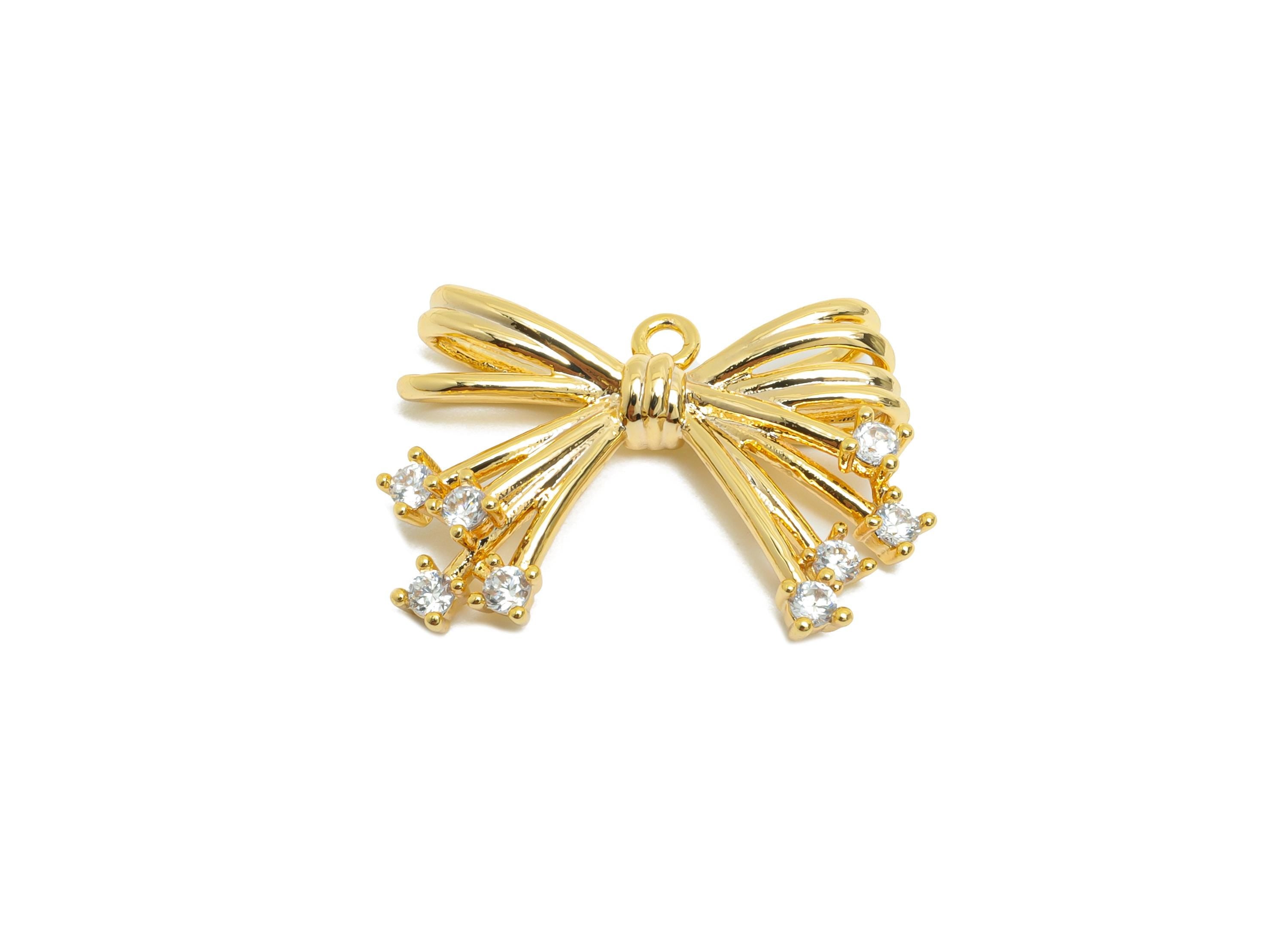 Brass Bow Pendant - Gold Bow Earrings with Sparkling Crystals - Elegant Jewelry - Gift for Her- 18K Real Gold Plated - 16x23x4mm - RGP9378 - DOMEDBAZAAR
