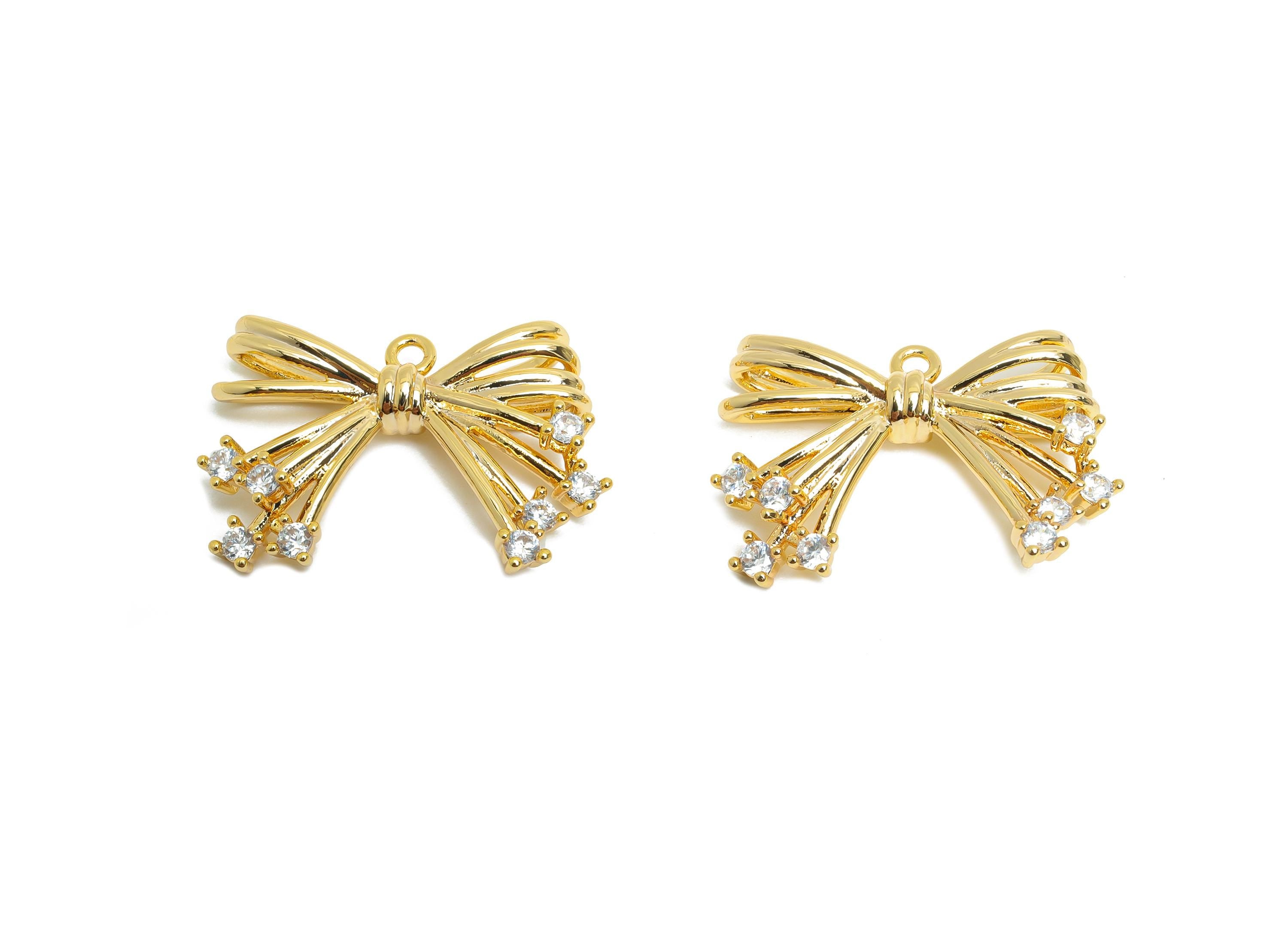 Brass Bow Pendant - Gold Bow Earrings with Sparkling Crystals - Elegant Jewelry - Gift for Her- 18K Real Gold Plated - 16x23x4mm - RGP9378 - DOMEDBAZAAR