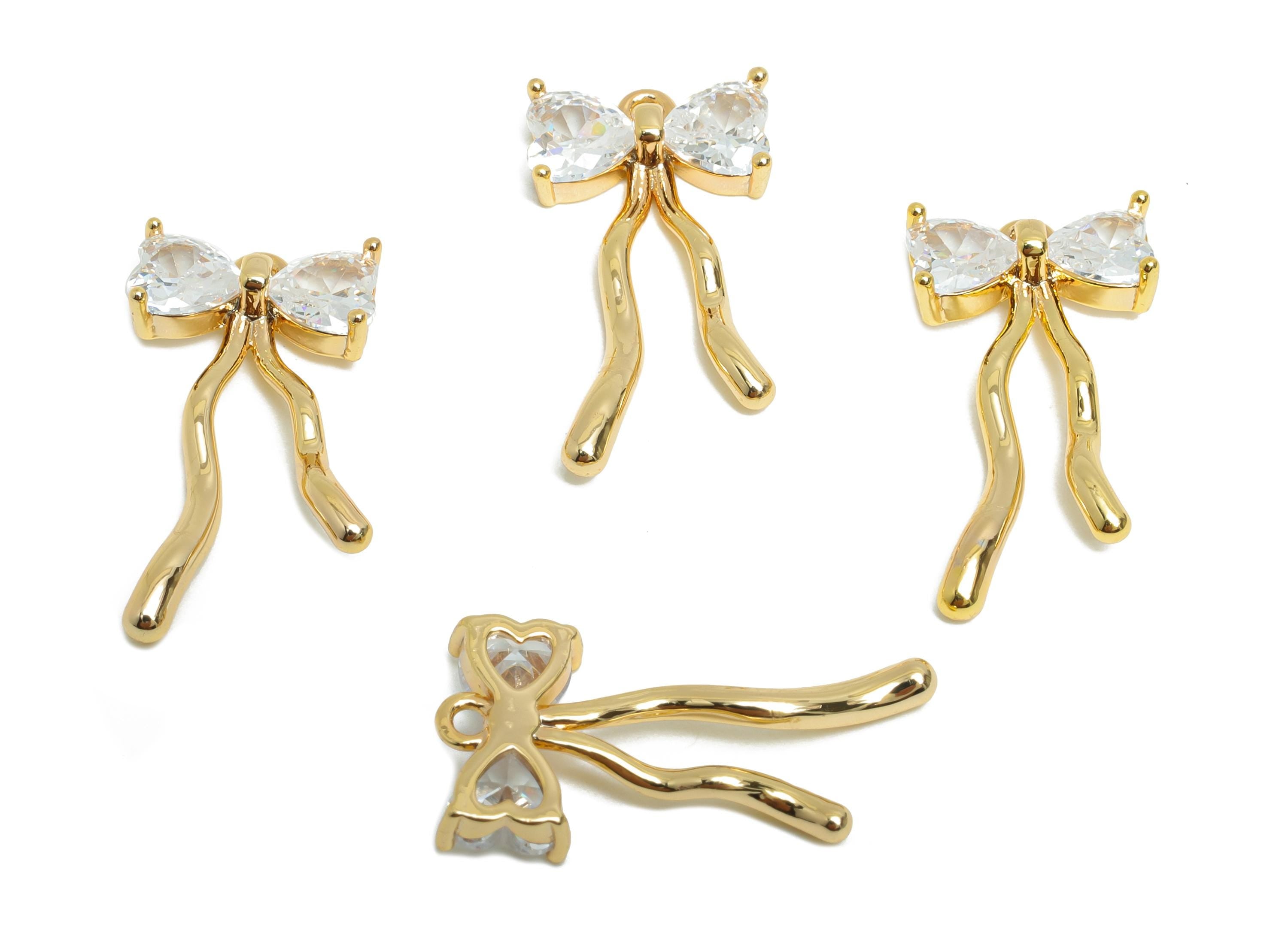 Zircon Heart Bow Pendant - Brass Elegant Crystal Embellished Bow Earring - Modern Jewelry - 18K Real Gold Plated - 21.86x11.1x3mm - RGP9379 - DOMEDBAZAAR