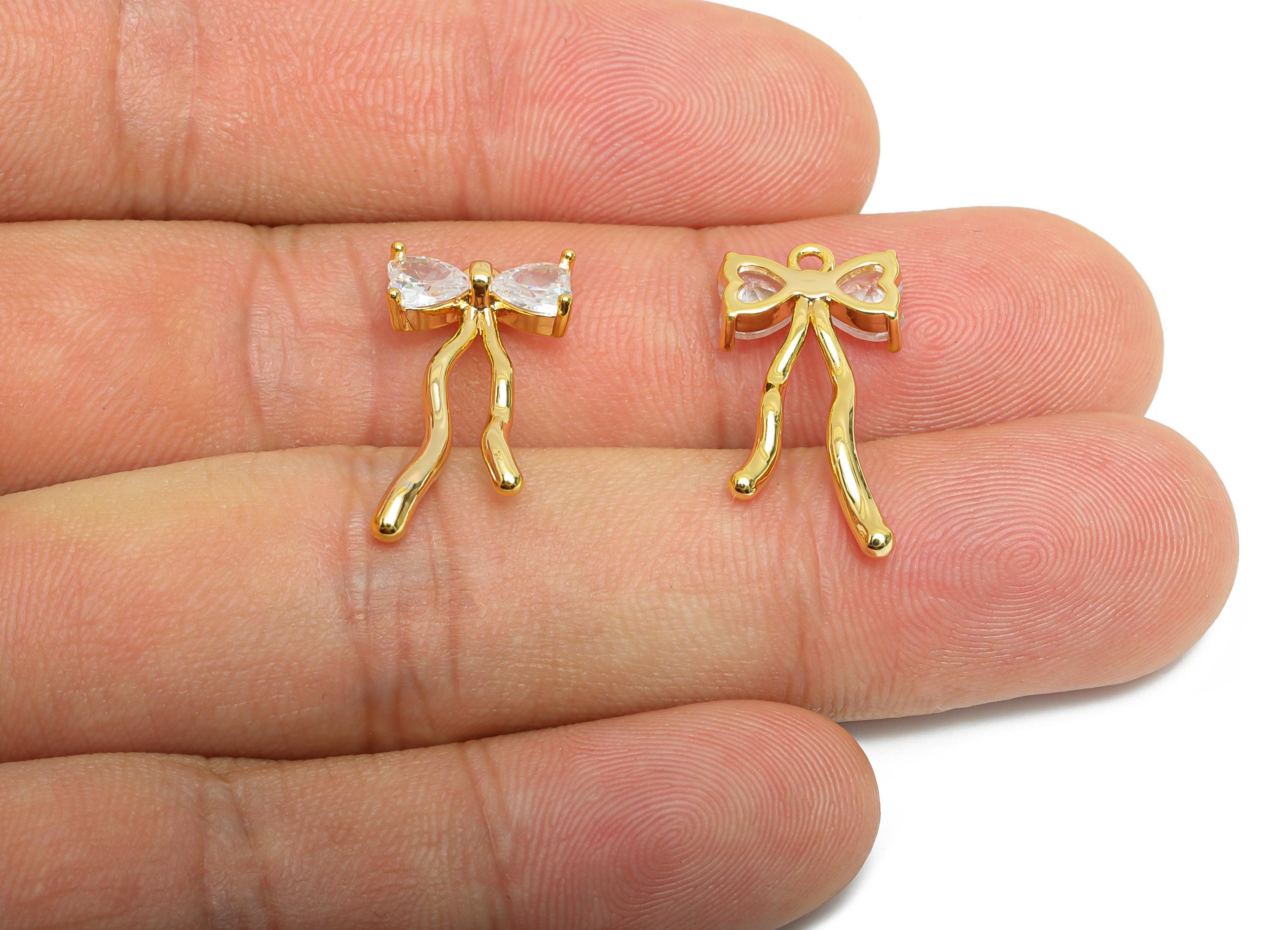 Zircon Heart Bow Pendant - Brass Elegant Crystal Embellished Bow Earring - Modern Jewelry - 18K Real Gold Plated - 21.86x11.1x3mm - RGP9379 - DOMEDBAZAAR