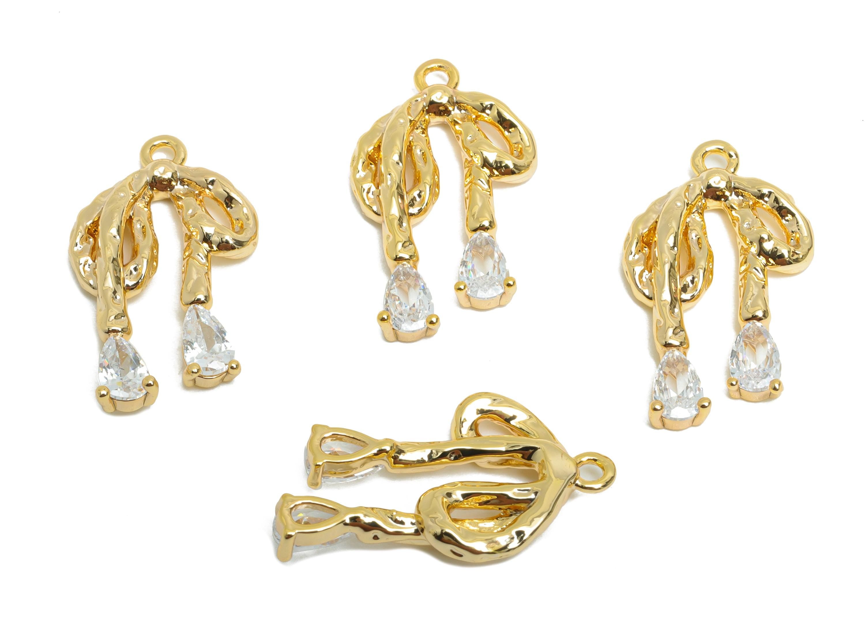 Melt Bow Pendant - Brass Teardrop Crystal Earring Charm - Zircon Elegant Jewelry - Gift for Her - 18K Real Gold Plated - 20x11x2mm-RGP9380 - DOMEDBAZAAR