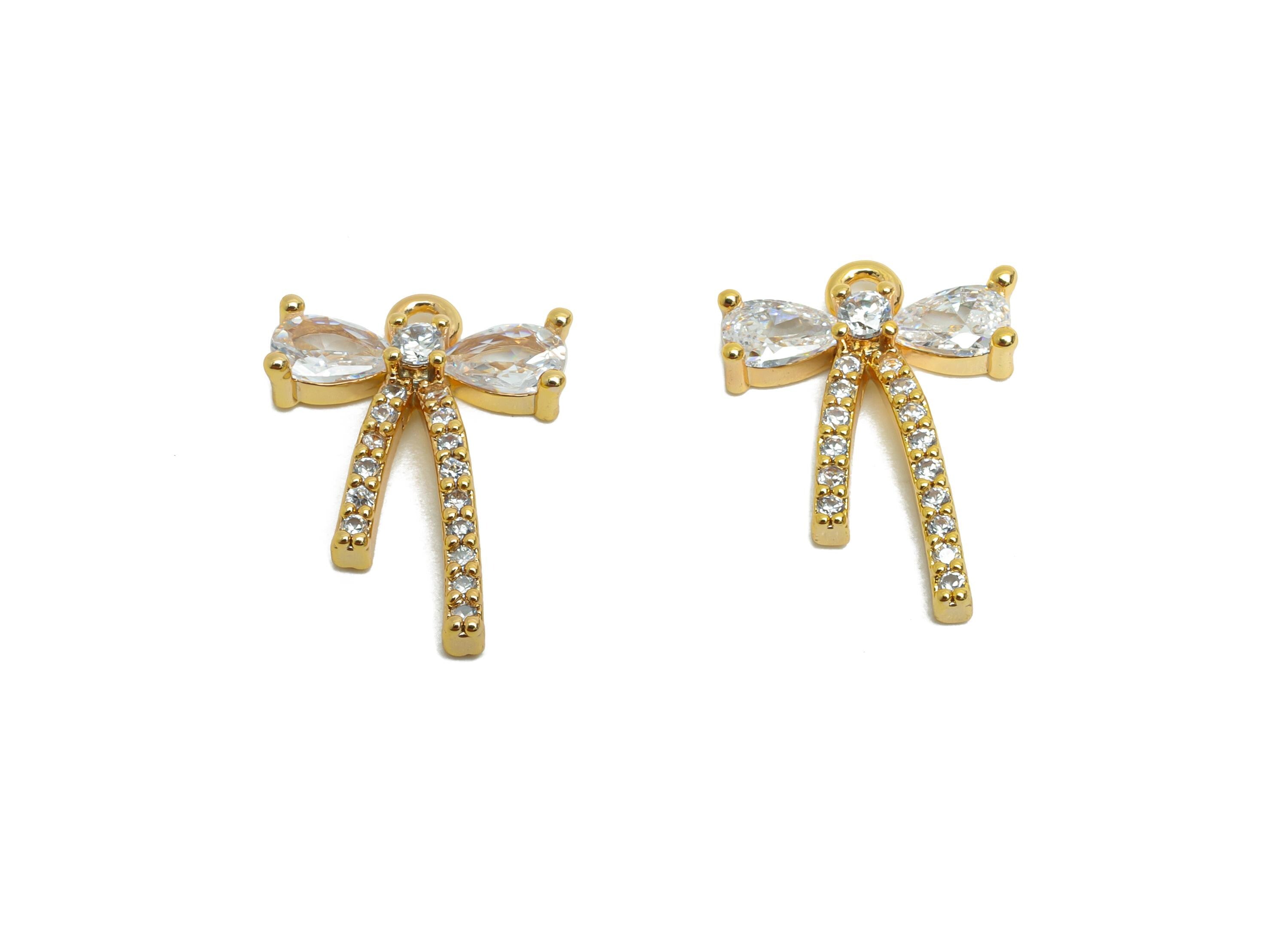 Sparking Bow Pendant - Brass Bejeweled Luxury Earring Charm - Zircon Glamorous Jewelry - 18K Real Gold Plated - 16x11x3mm - RGP9383 - DOMEDBAZAAR