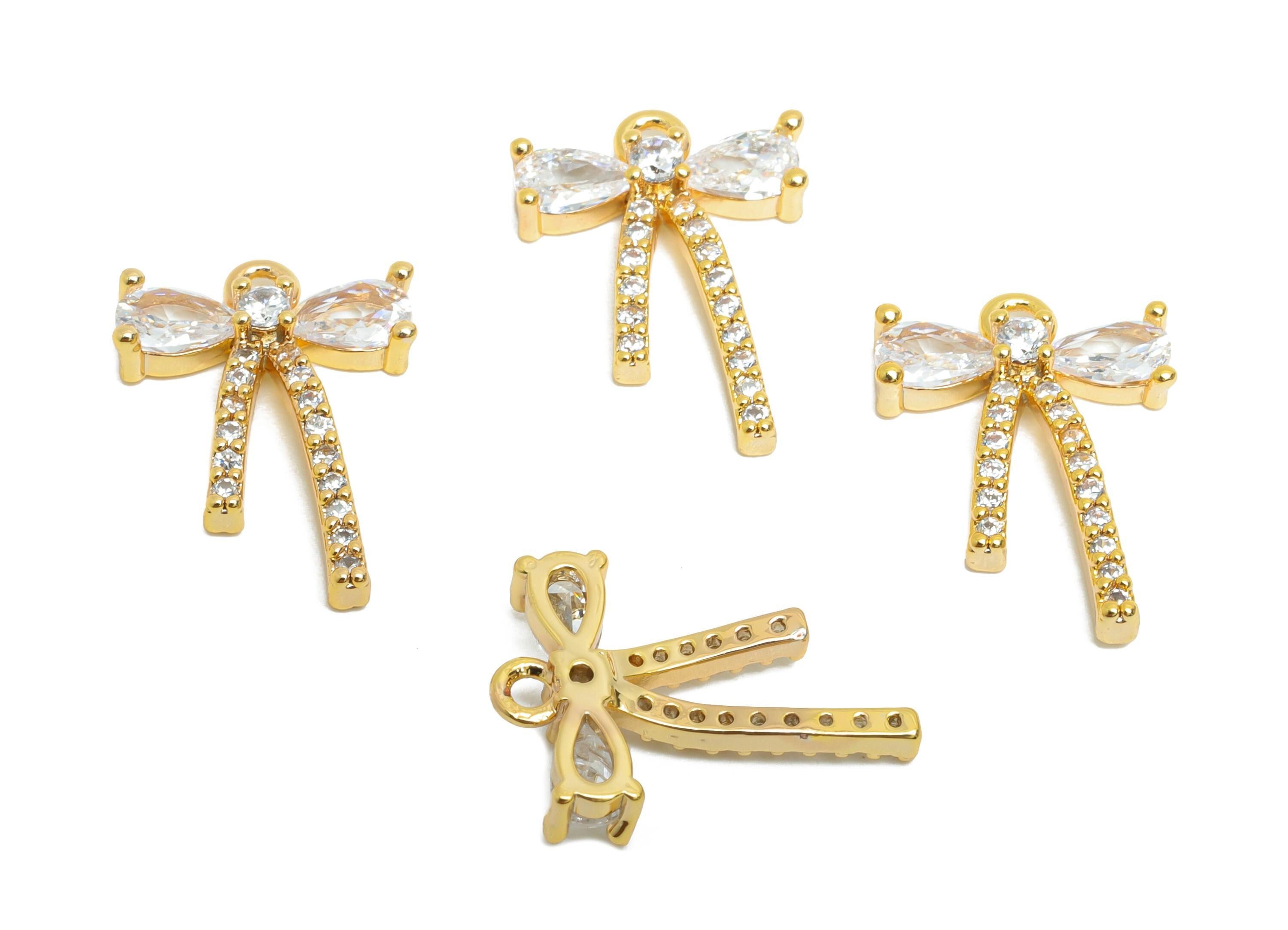 Sparking Bow Pendant - Brass Bejeweled Luxury Earring Charm - Zircon Glamorous Jewelry - 18K Real Gold Plated - 16x11x3mm - RGP9383 - DOMEDBAZAAR