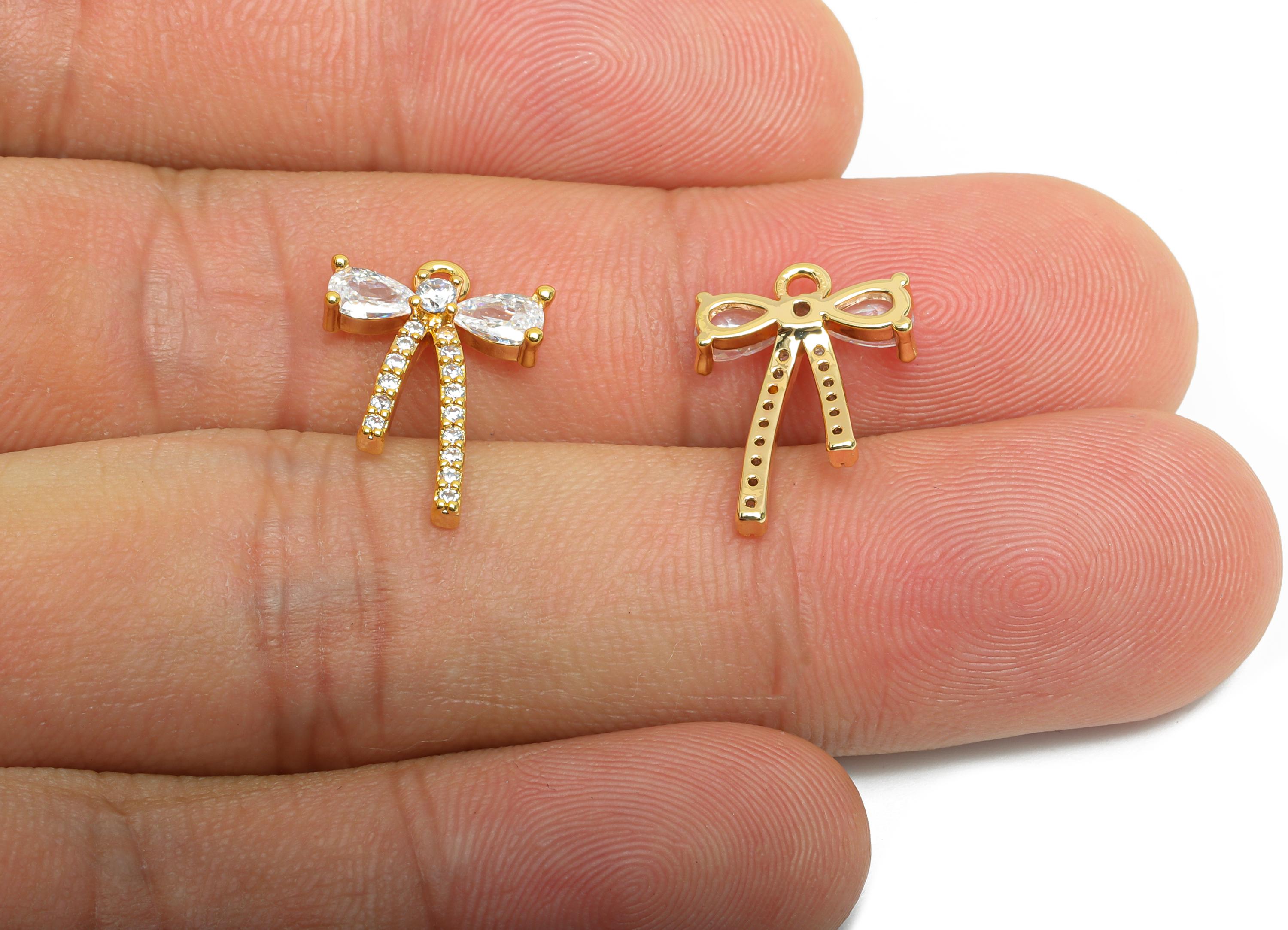 Sparking Bow Pendant - Brass Bejeweled Luxury Earring Charm - Zircon Glamorous Jewelry - 18K Real Gold Plated - 16x11x3mm - RGP9383 - DOMEDBAZAAR