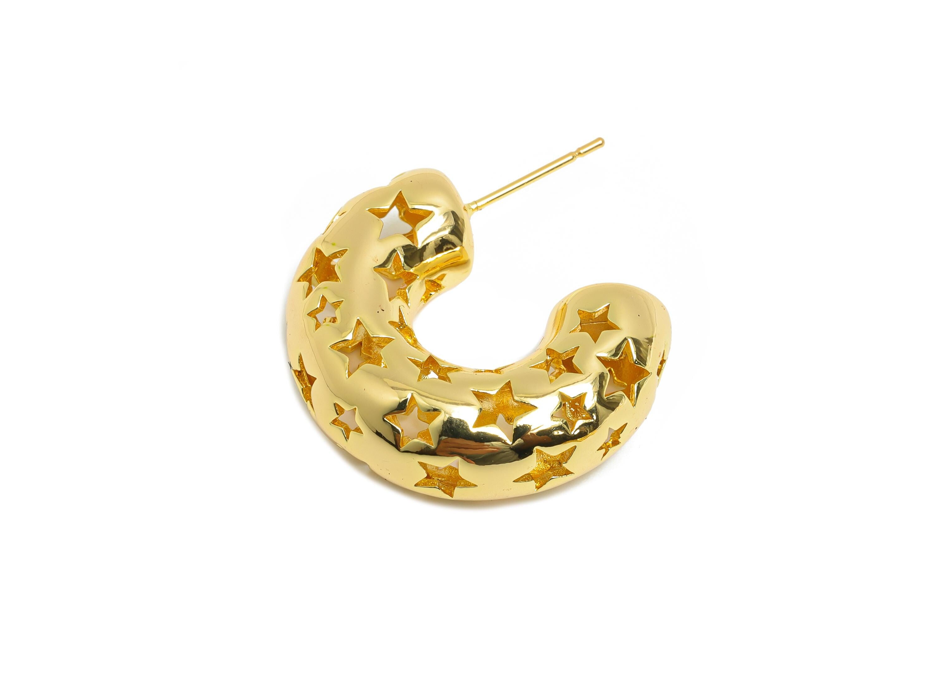 Star Hoop Earring Post - Brass Hollow Star Motif Earring - Artistic Earring Post - Trendy Hoop Earring - Bold Jewelry - 26x21x9mm - RGP9386 - DOMEDBAZAAR