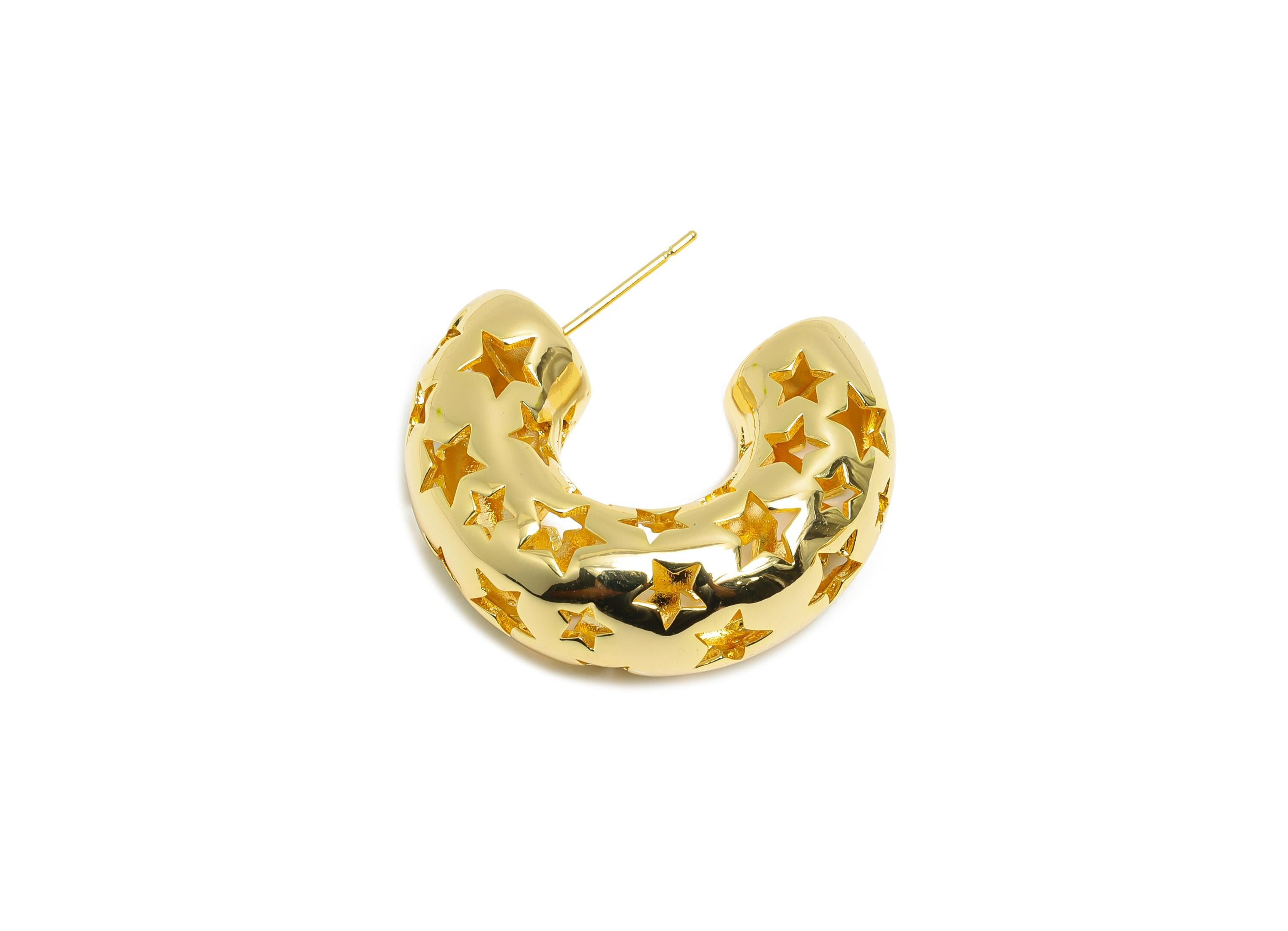 Star Hoop Earring Post - Brass Hollow Star Motif Earring - Artistic Earring Post - Trendy Hoop Earring - Bold Jewelry - 31x25x10mm - RGP9385 - DOMEDBAZAAR