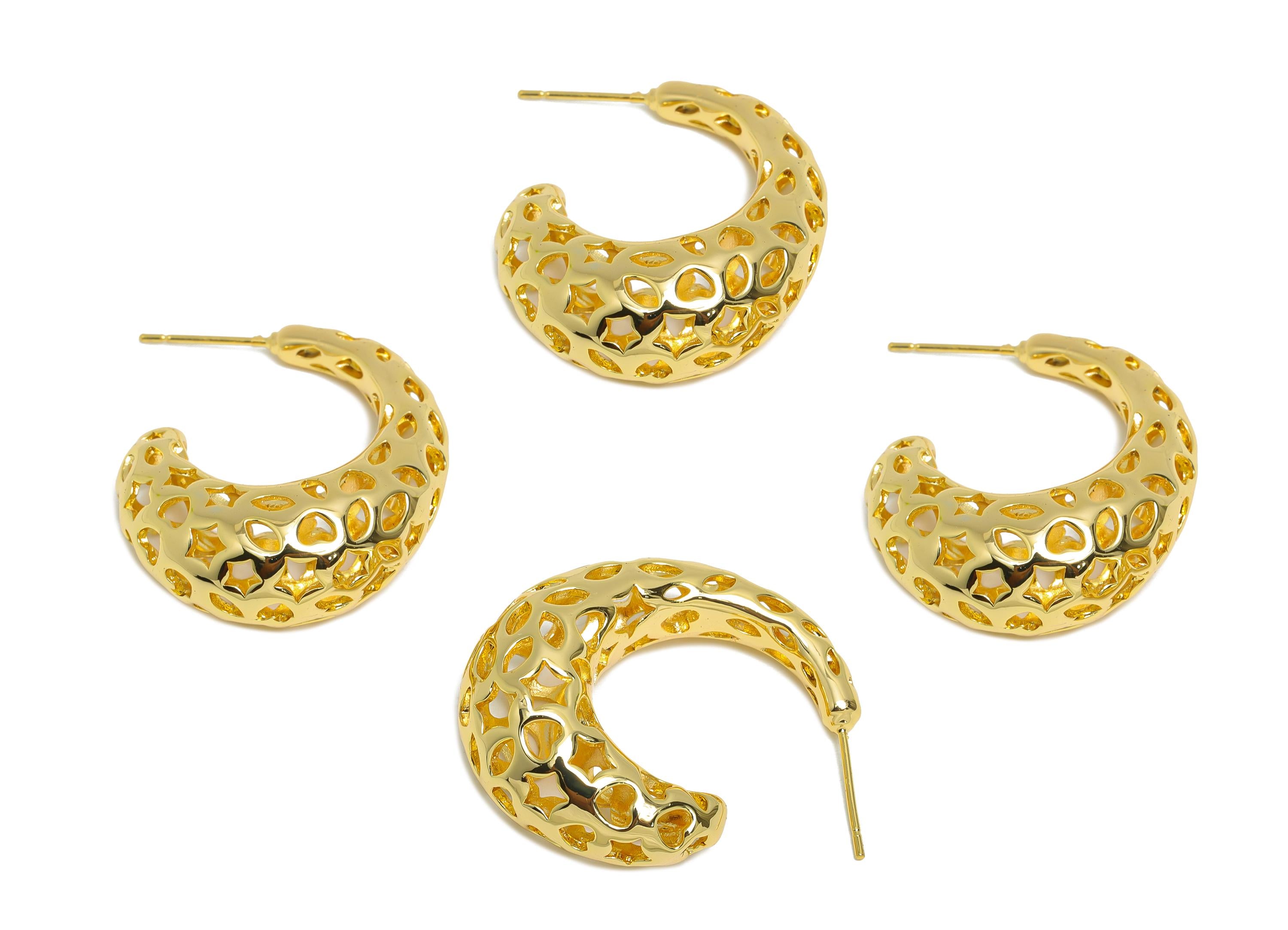 Brass Hoop Earring - Brass Hollow Drop Earring - Artistic Earring Post - Pattern Cutout Gold Jewelry - Bold Jewelry - 31x26x12mm-RGP9395 - DOMEDBAZAAR