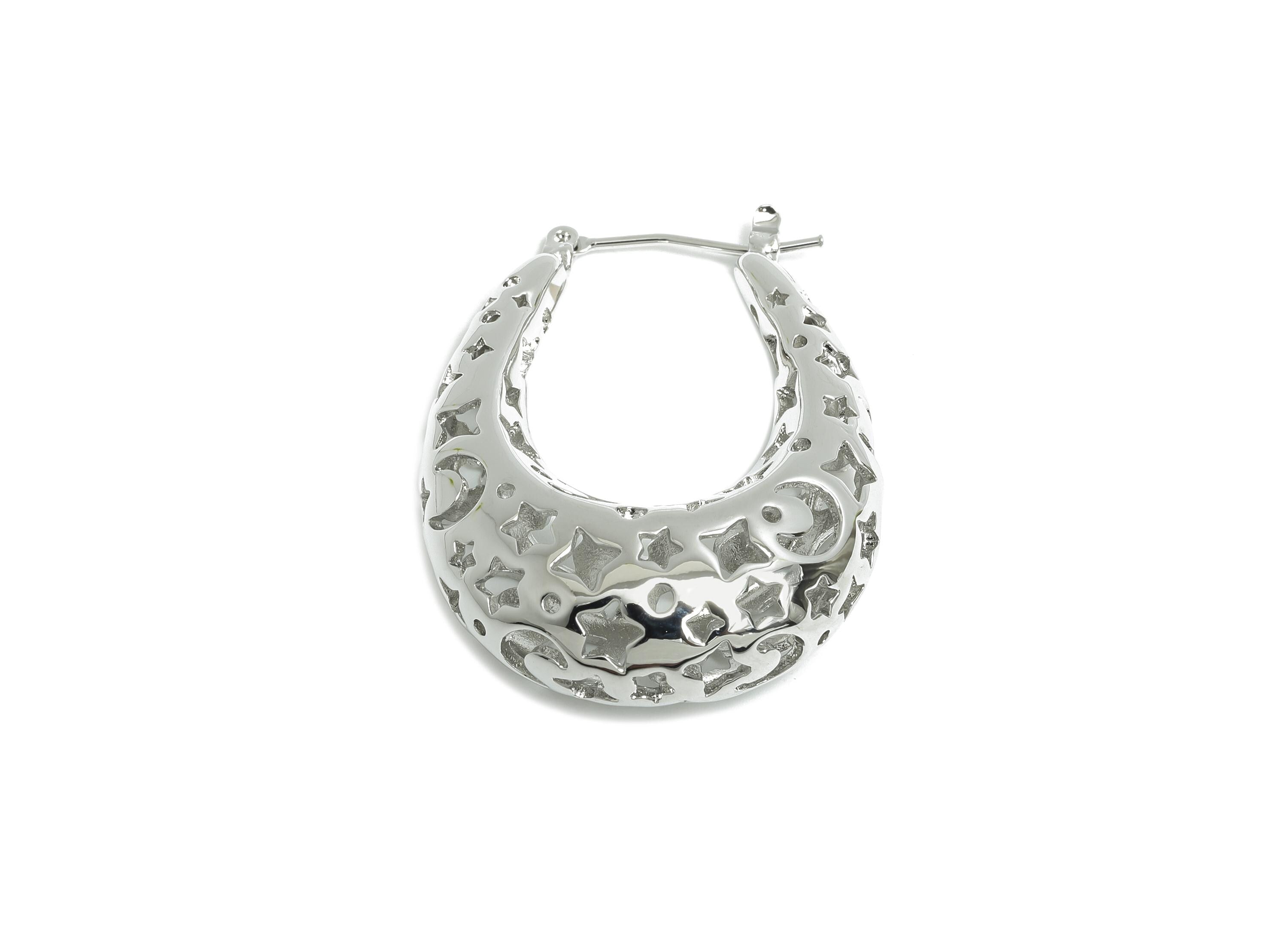 Brass Hoop Earring - Brass Hollow Space Earring - Artistic Earring Post - Star Moon Pattern Hinged Back - Bold Jewelry - 36x28x11mm-RGP9391S - DOMEDBAZAAR