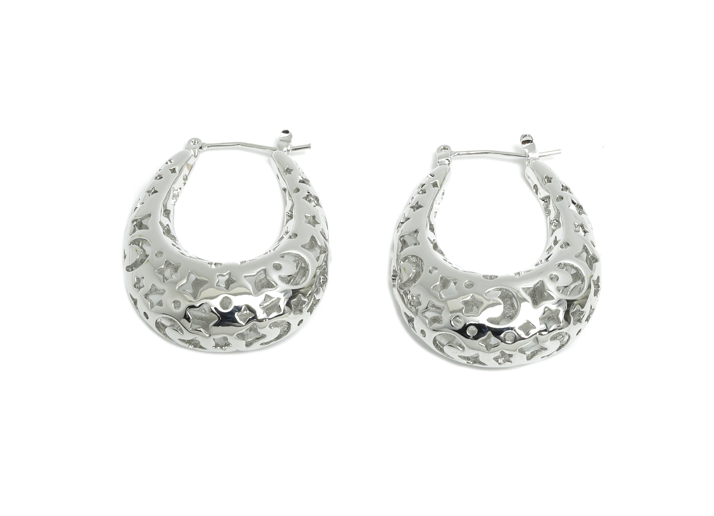 Brass Hoop Earring - Brass Hollow Space Earring - Artistic Earring Post - Star Moon Pattern Hinged Back - Bold Jewelry - 36x28x11mm-RGP9391S - DOMEDBAZAAR