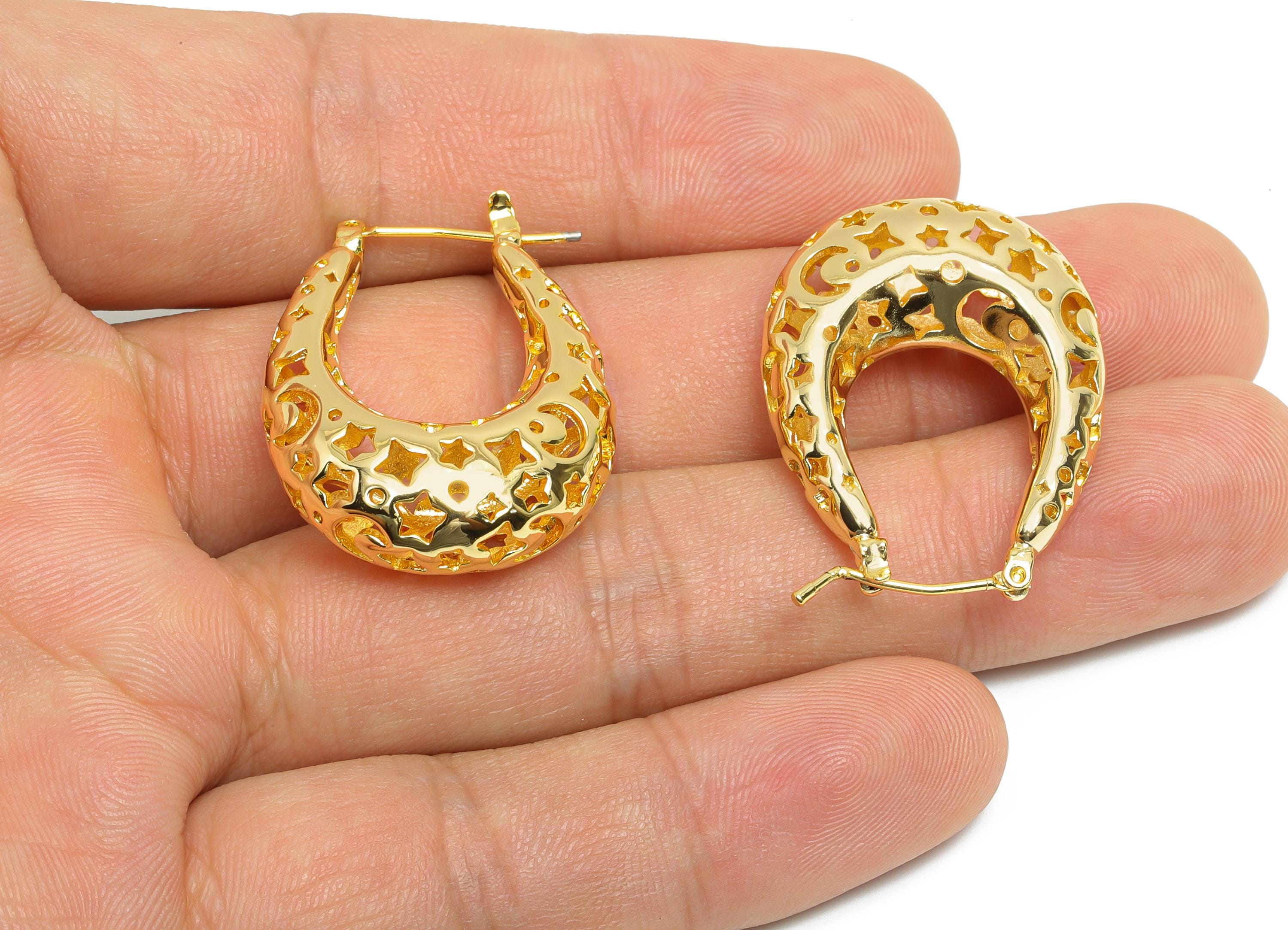Brass Hoop Earring - Brass Hollow Space Earring - Artistic Earring Post - Star Moon Pattern Hinged Back - Bold Jewelry - 31x24x9mm - RGP9392 - DOMEDBAZAAR