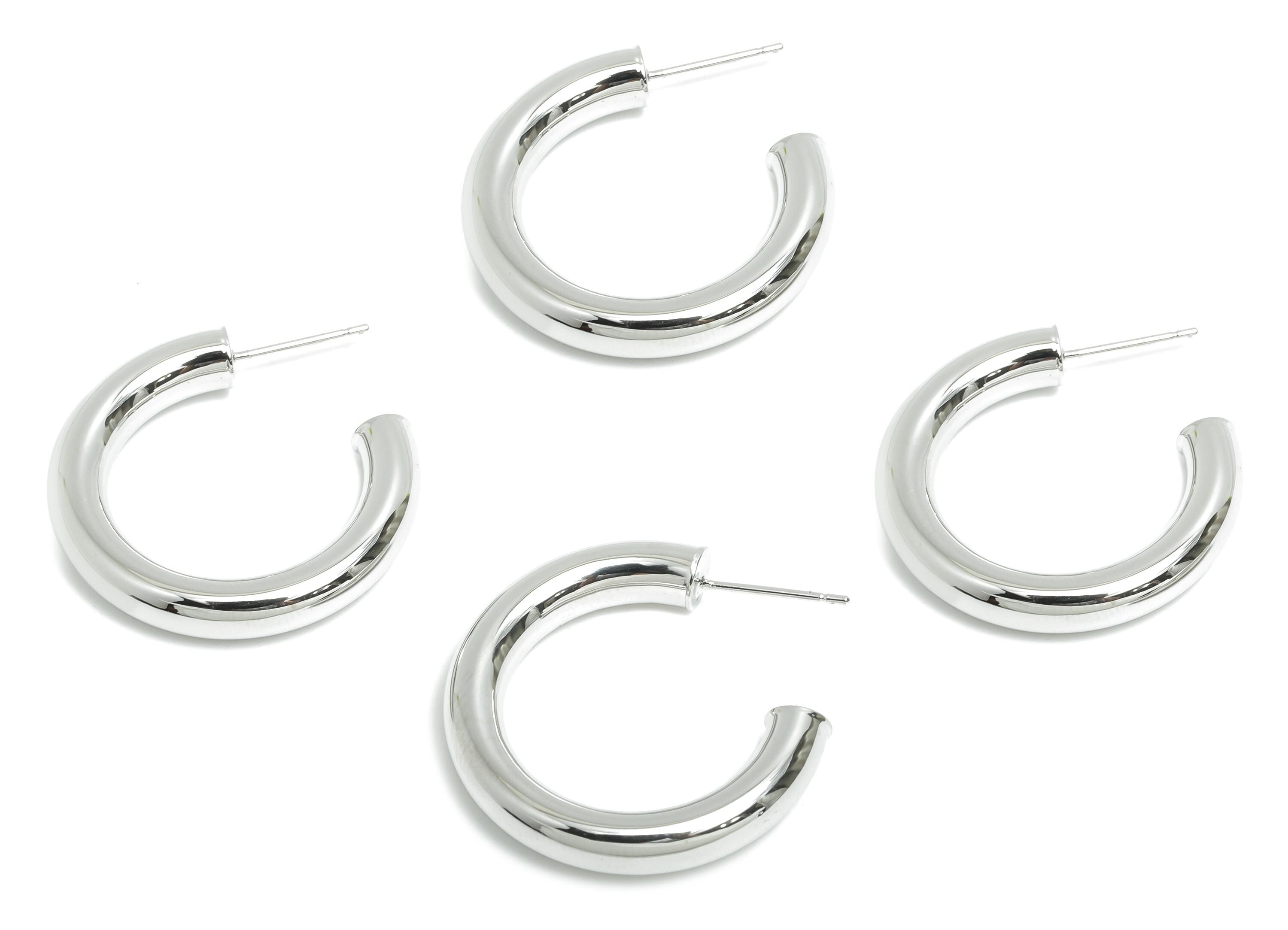 Chunky Hoop Earring Post - Brass Minimalist Hoop Earring - Modern Hoop Earring - Polished Silver Finish - Hoop Earring - 30x27x5mm-RGP9413S - DOMEDBAZAAR