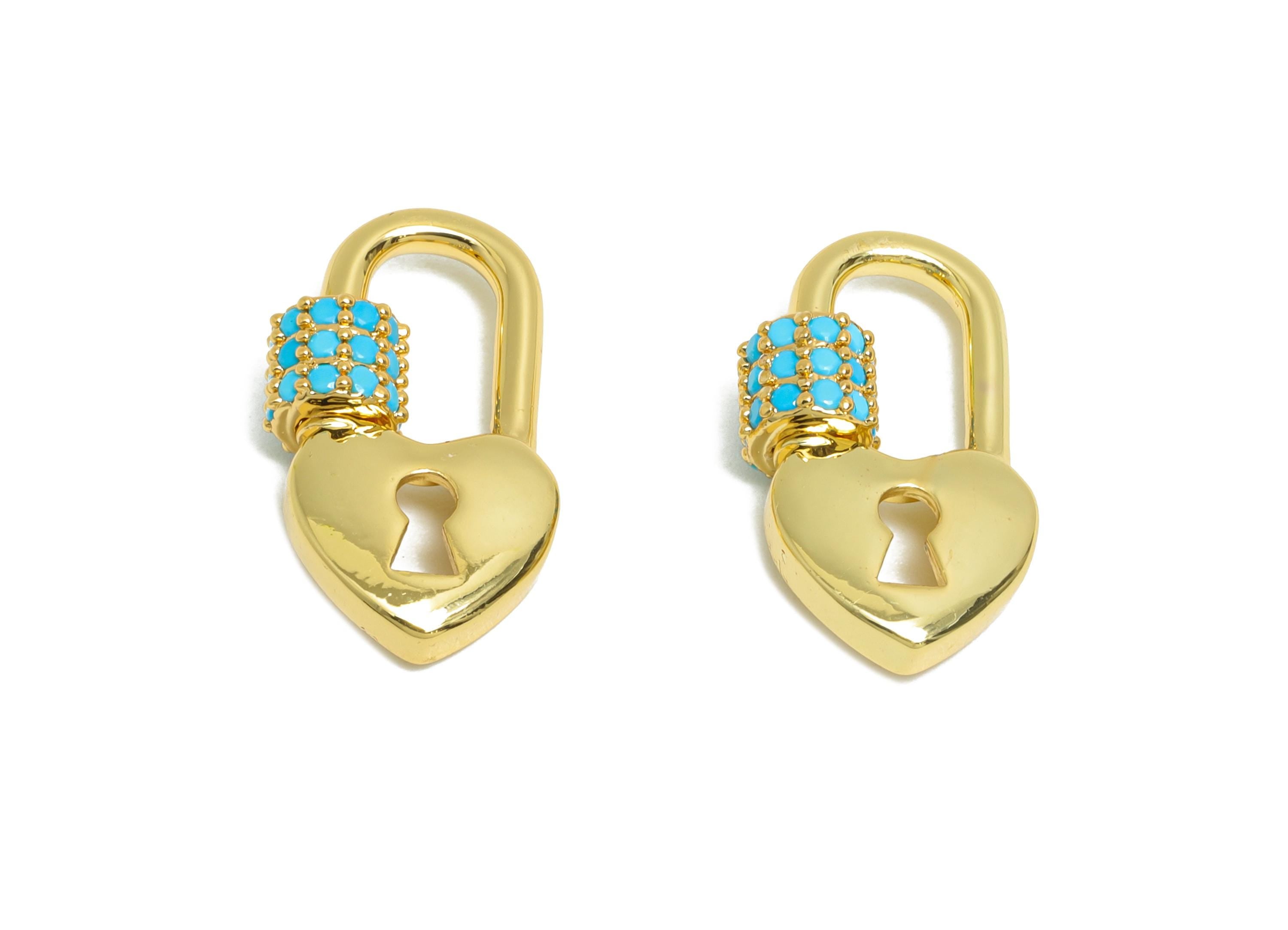 Brass Heart Lock Clasp - Gold Zircon Screw Clasp Earring - Brass Unique Heart Screw Clasp Earring - 18K Real Gold Plated - 18x10x5mm-RGP9418 - DOMEDBAZAAR