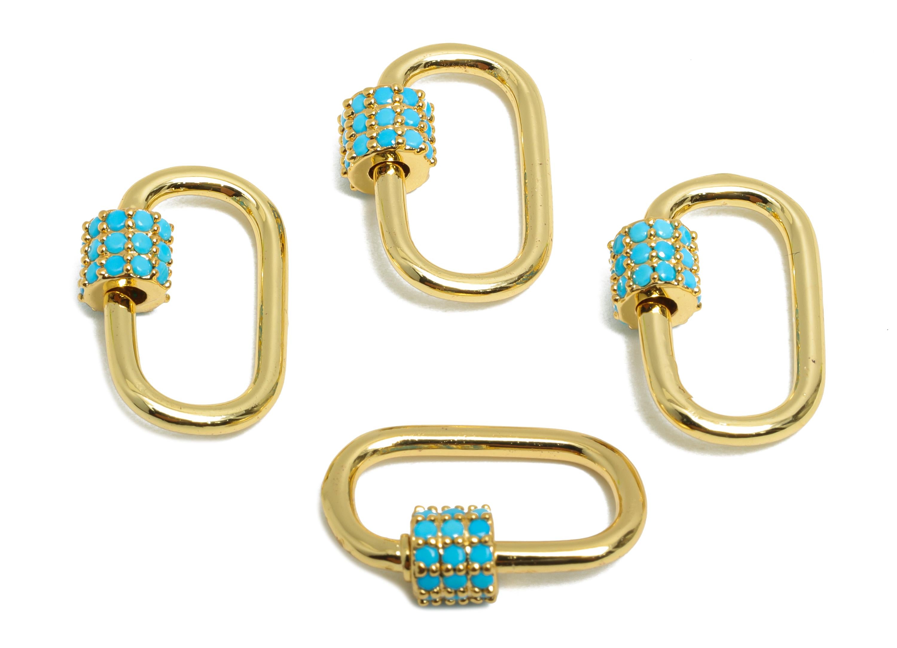 Brass Oval Lock Clasp - Gold Blue Zircon Screw Clasp Earring - Unique Heart Screw Clasp Earring - 18K Real Gold Plated -18x12x5mm - RGP9420 - DOMEDBAZAAR