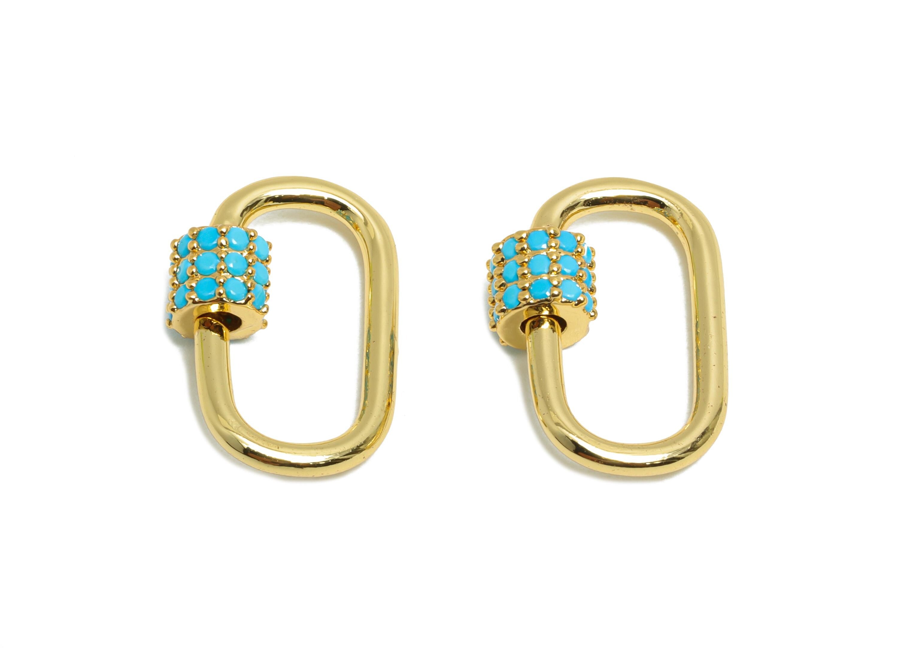 Brass Oval Lock Clasp - Gold Blue Zircon Screw Clasp Earring - Unique Heart Screw Clasp Earring - 18K Real Gold Plated -18x12x5mm - RGP9420 - DOMEDBAZAAR