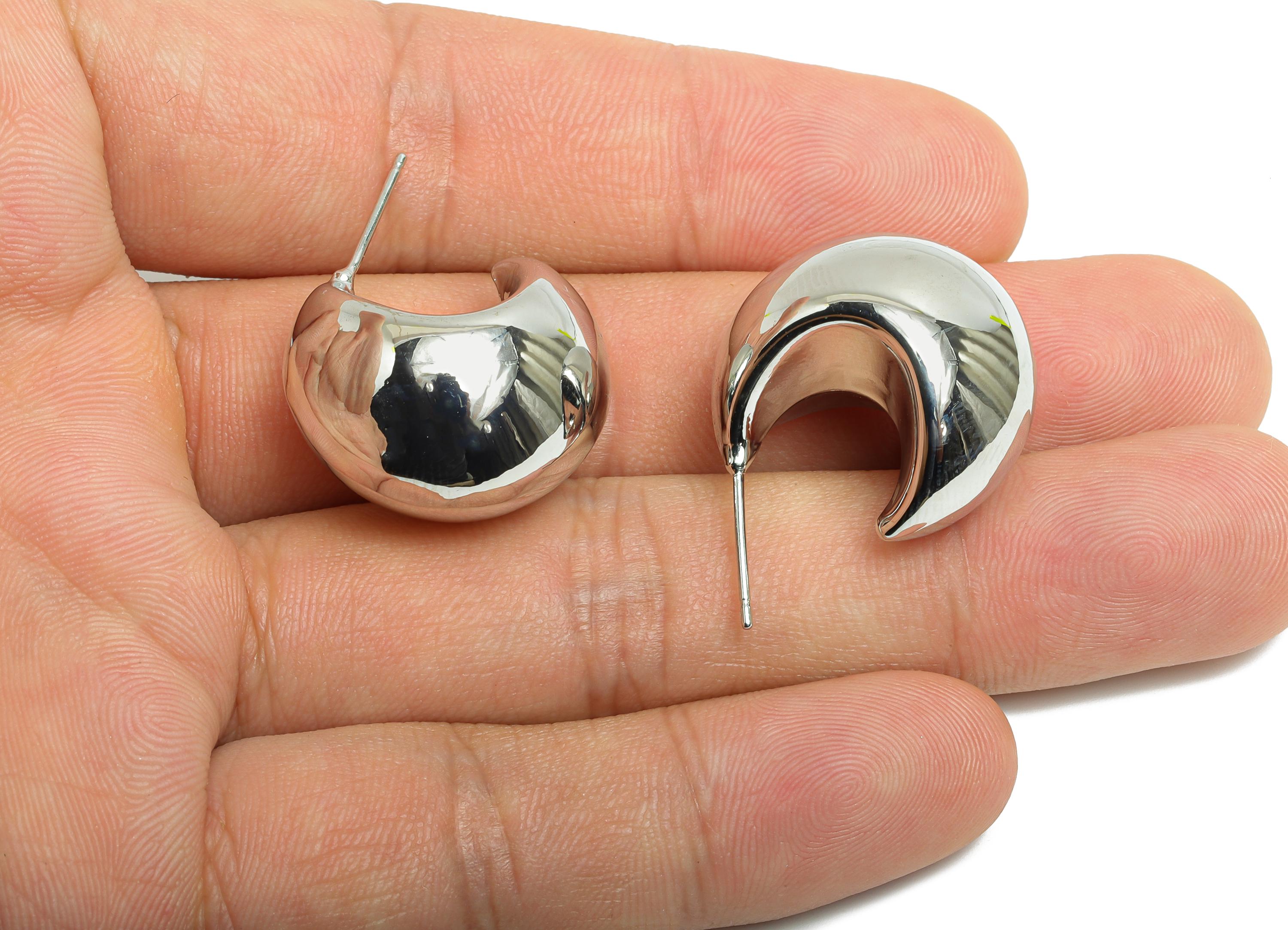 Silver Crescent Hoop Earring - Brass Bold Crescent Earring Stud - Chunky Crescent Earring - 18k Real White Gold Plating - 38x20x2mm-RGP9440S - DOMEDBAZAAR