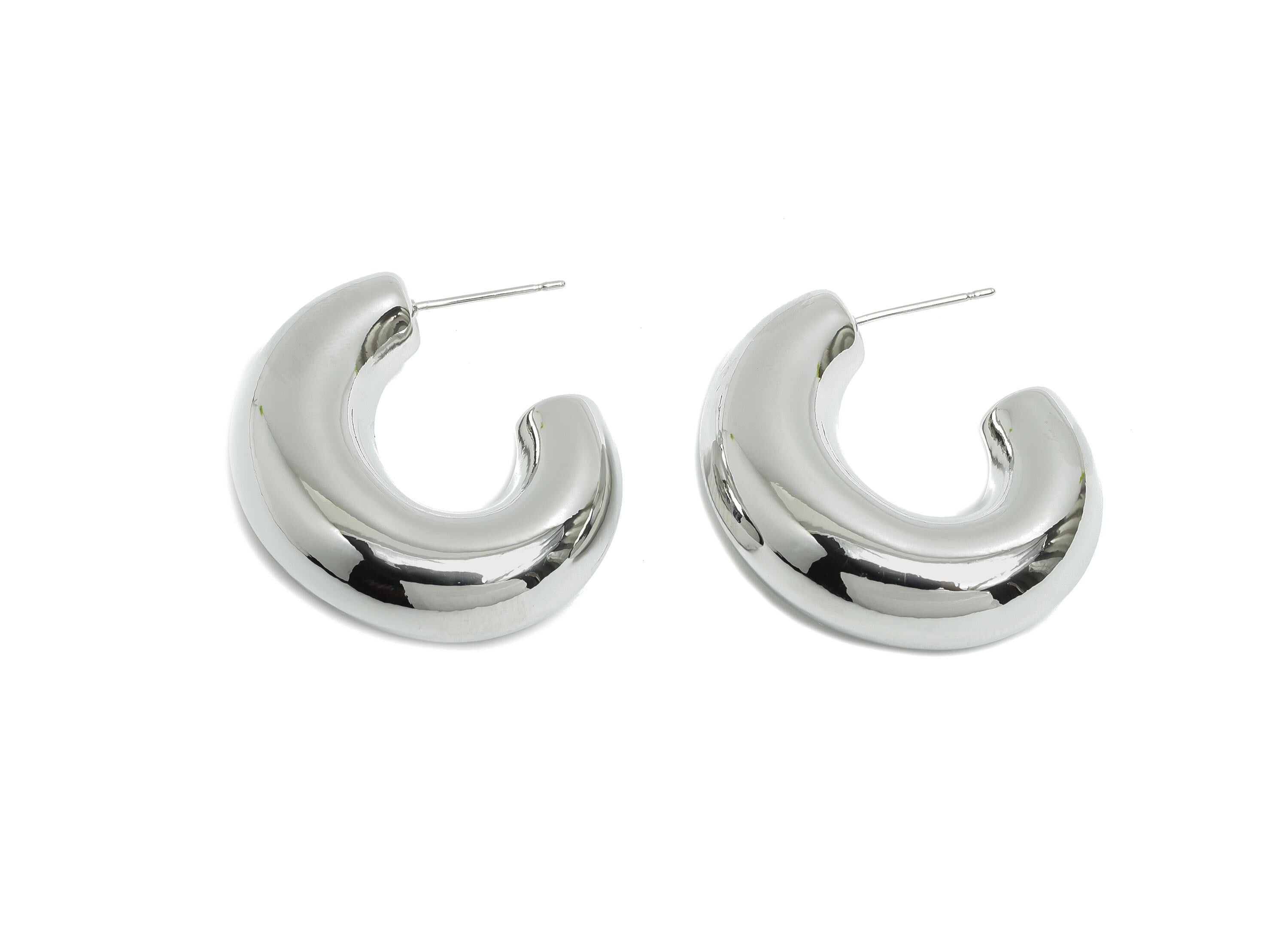 Chunky Hoop Earring - Brass Bold Curved Earring Stud - Chunky Crescent Earring - 18k Real White Gold Plating - 33.5x29x10.5mm - RGP9426S - DOMEDBAZAAR