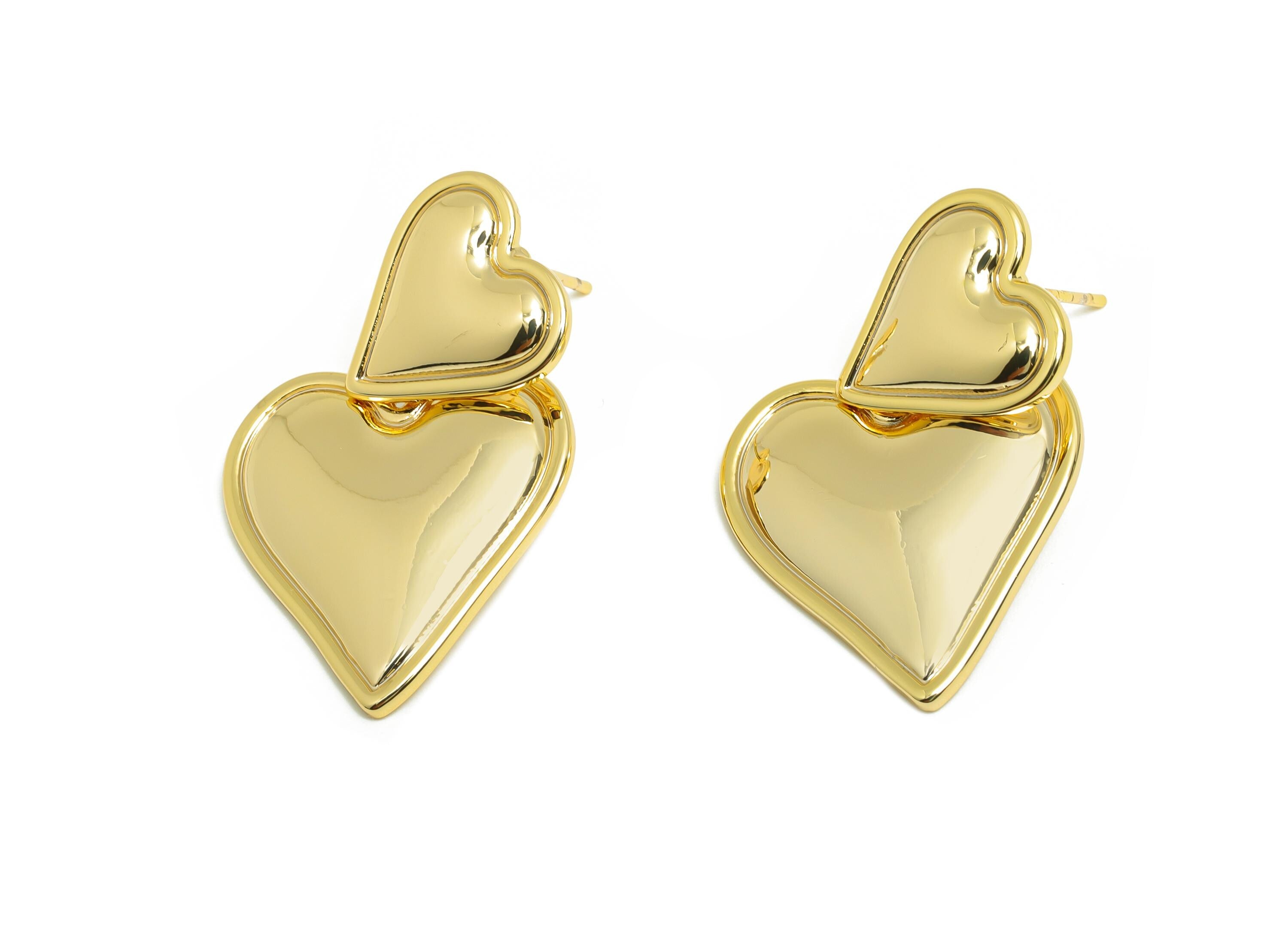 Romantic Dangle Heart Earring - Brass Shiny Finish Earring Stud - Valentine's Day Jewelry - Double Heart Gold Jewelry - 31x20x2mm - RGP10077 - DOMEDBAZAAR