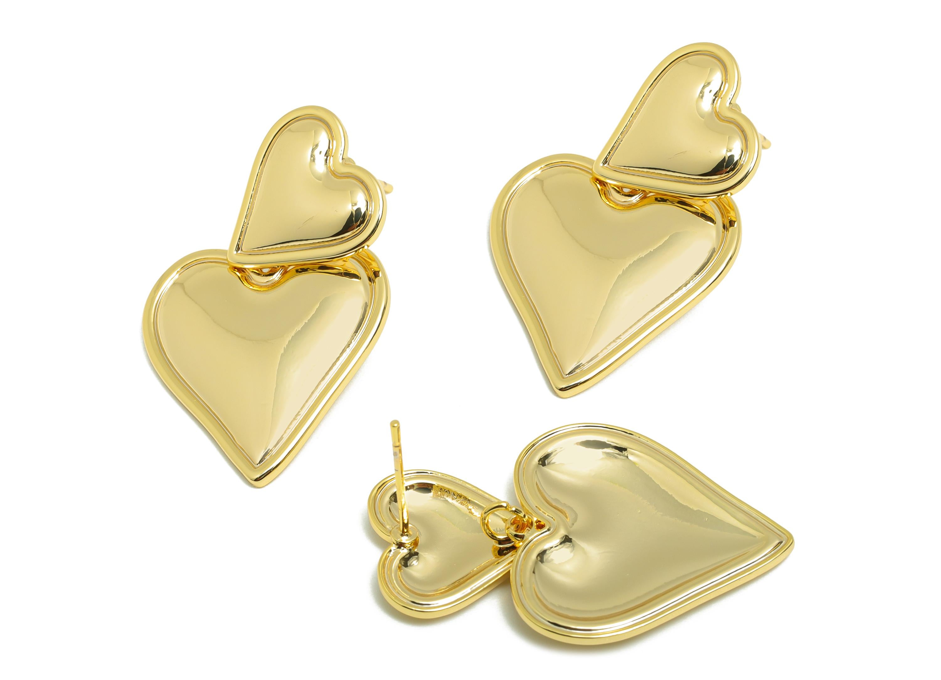 Romantic Dangle Heart Earring - Brass Shiny Finish Earring Stud - Valentine's Day Jewelry - Double Heart Gold Jewelry - 31x20x2mm - RGP10077 - DOMEDBAZAAR