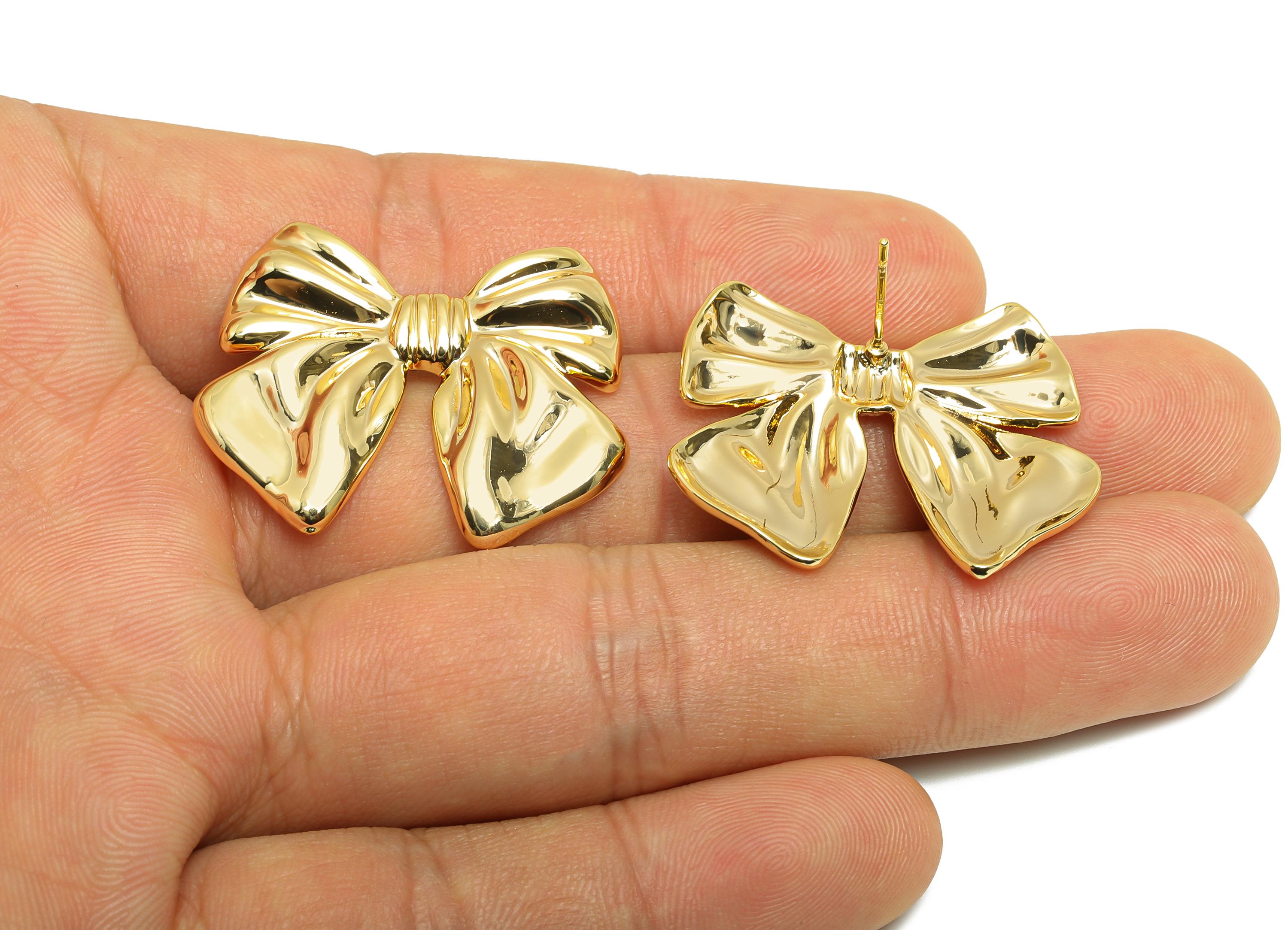 Brass Butterfly Bow Stud Earring - Brass Charming Bow  Ribbon Stud Earring - Textured Butterfly Bow Earring Post - 32x25x3.1mm - RGP10084 - DOMEDBAZAAR