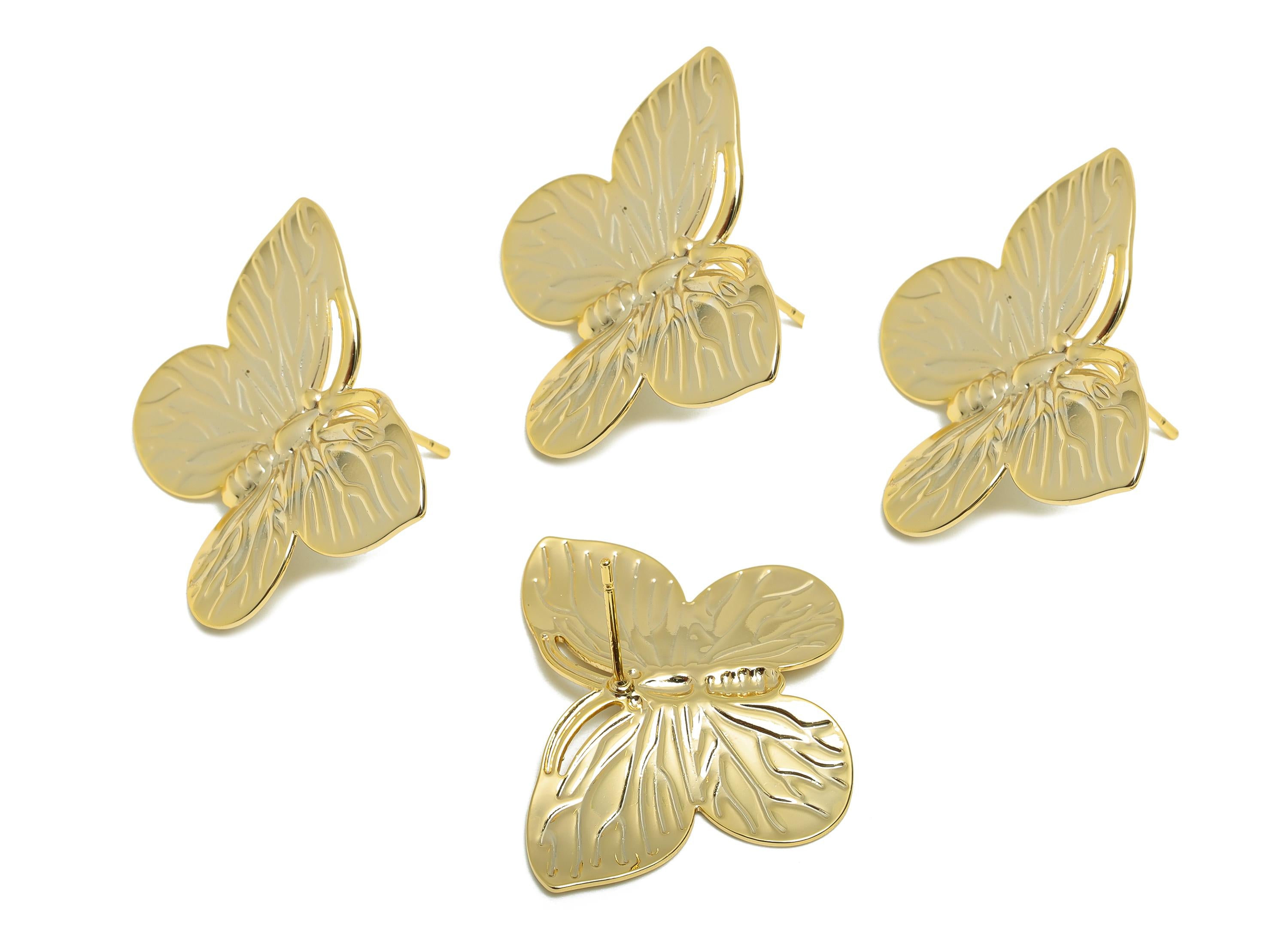 Modern Butterfly Stud Earring - Brass Textured Butterfly Earring Post - Gold Nature-Inspired Elegant Butterfly Earring - 30x22x3mm-RGP10085 - DOMEDBAZAAR