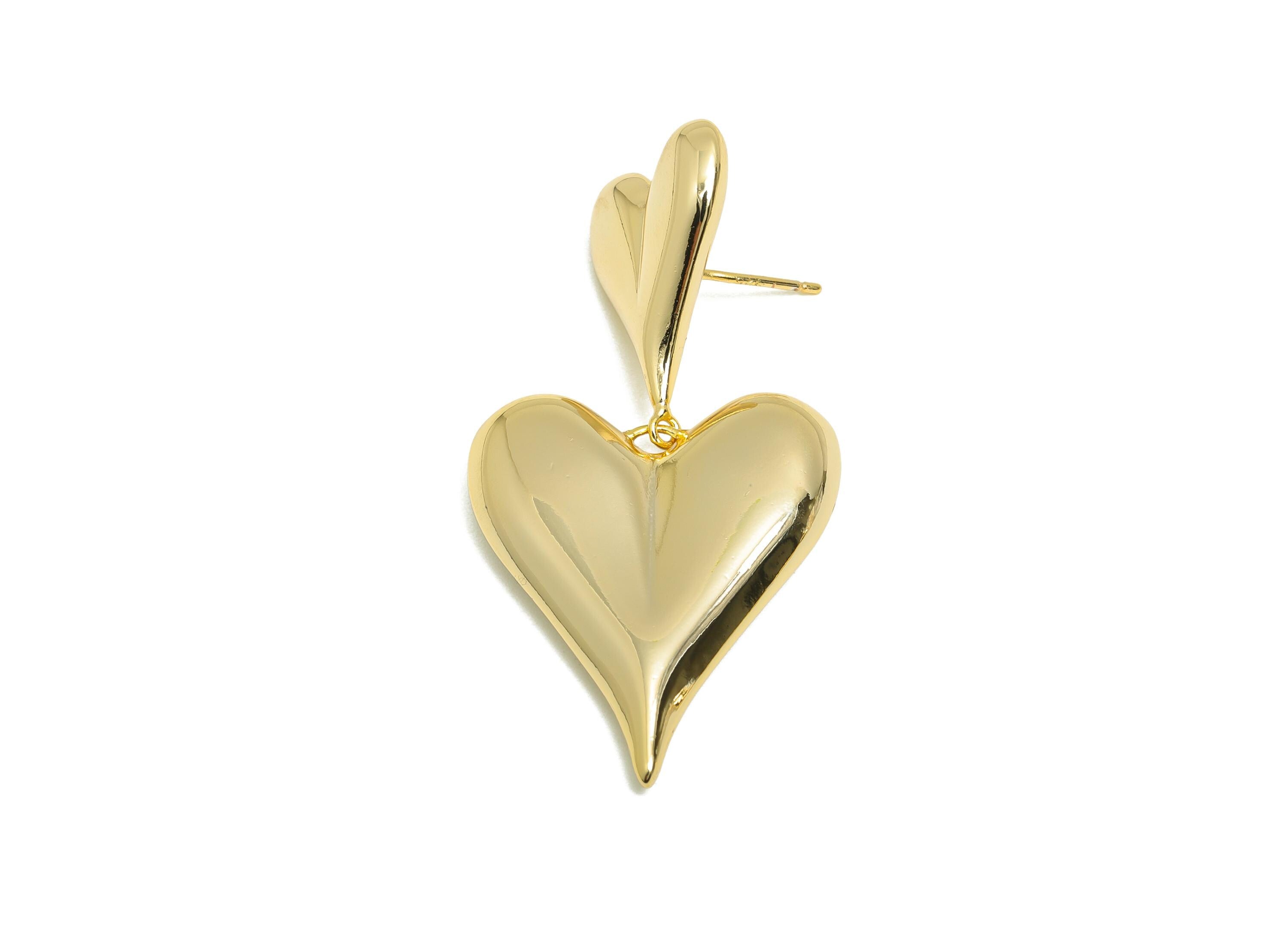 Dangle Heart Stud Earring - Chic Brass Bold Double Heart Dangle Earring - Trendy Earring Post - Artistic Earring - 49x25x6mm - RGP10108 - DOMEDBAZAAR