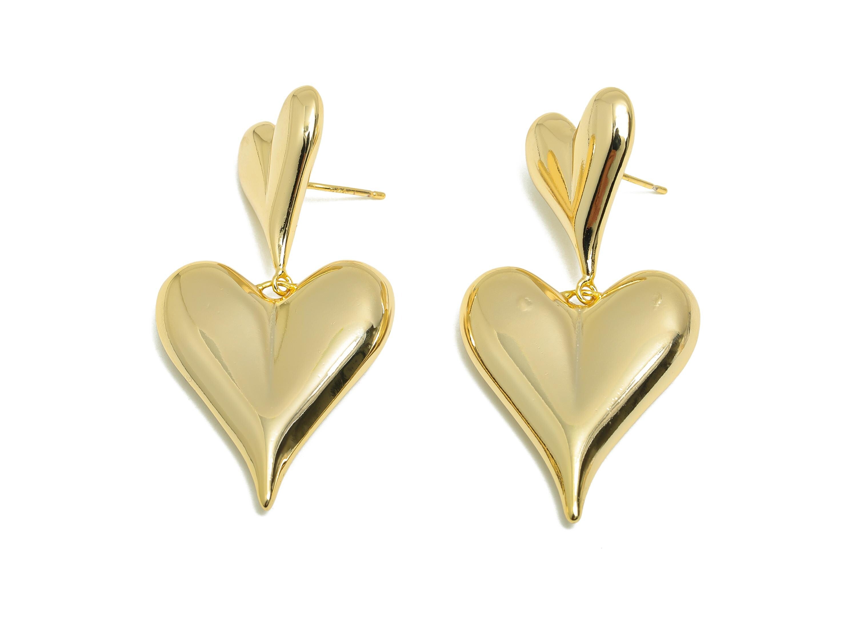 Dangle Heart Stud Earring - Chic Brass Bold Double Heart Dangle Earring - Trendy Earring Post - Artistic Earring - 49x25x6mm - RGP10108 - DOMEDBAZAAR