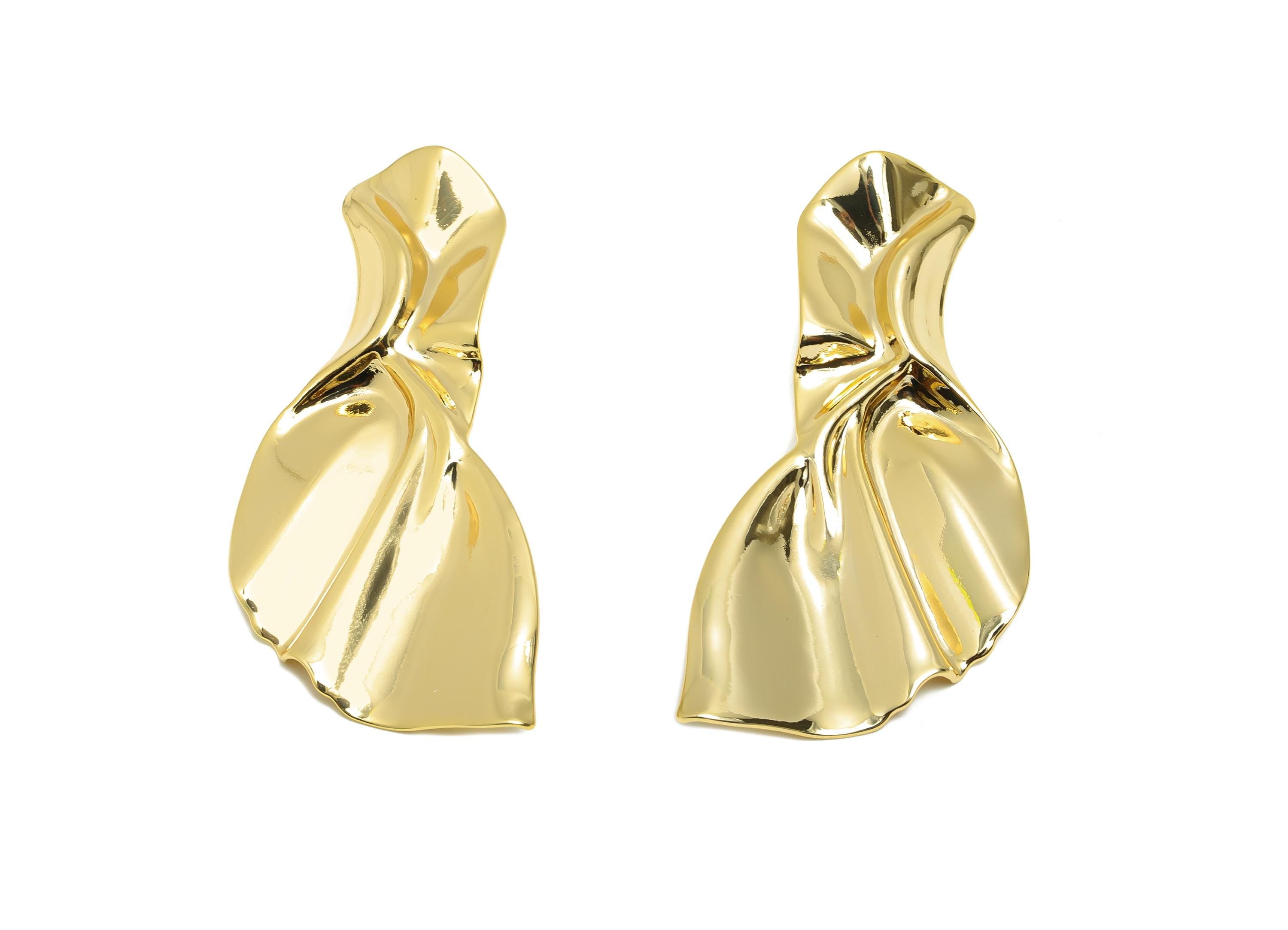 Vintage Irregular Earring - Brass Contemporary Asymmetrical Earring Stud - Sculpted Abstract Statement Earring - 60x31x3mm - RGP10069 - DOMEDBAZAAR