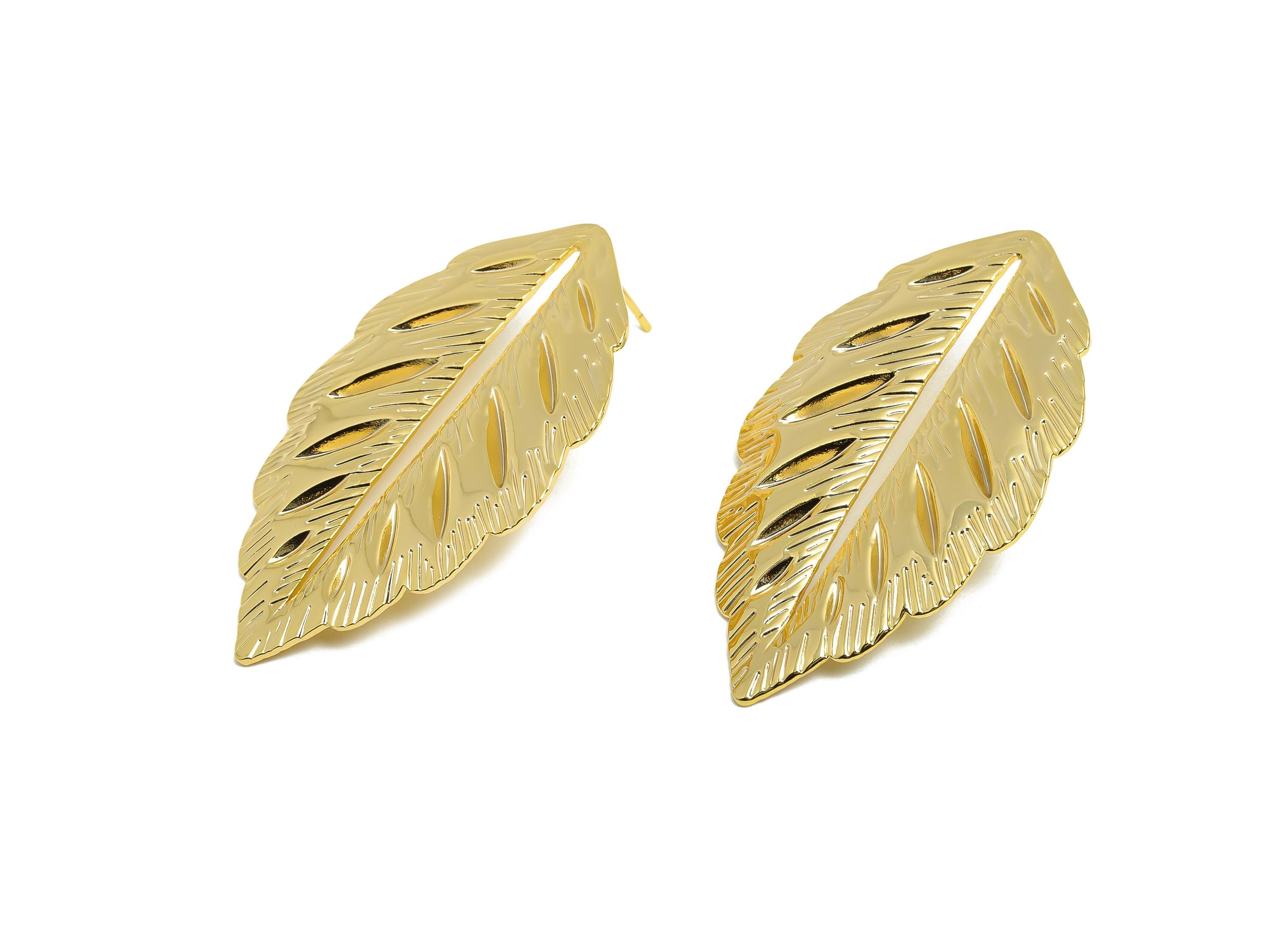 Elegant Leaf Earring Post - Brass Elegant Cutout Leaf Design Earring Stud - Bold Textured Leaf Earring - Gold Stud - 50x30x2.3mm - RGP10045 - DOMEDBAZAAR