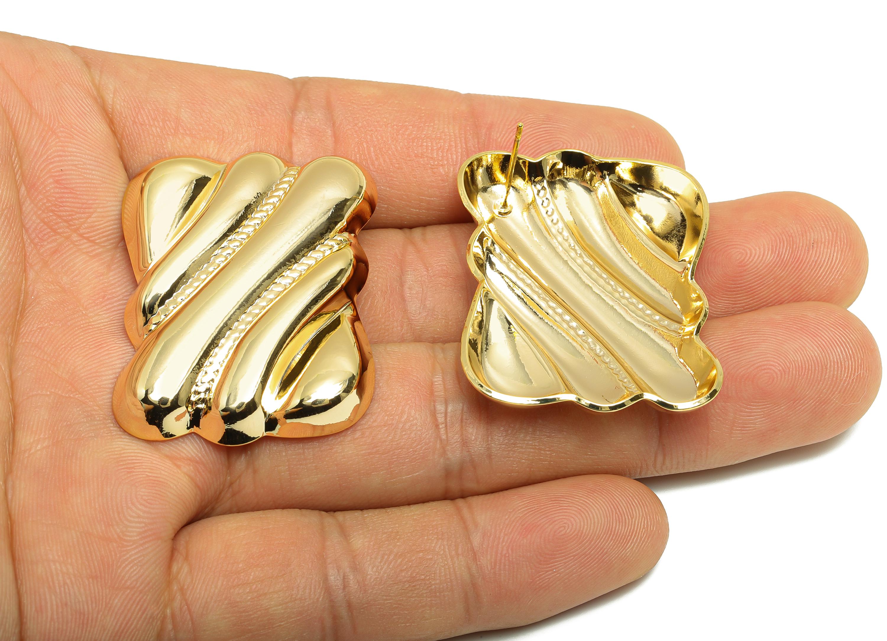 Gold Vintage Earring - Brass Textured Abstract Earring Post - Elegant Vintage Rippled Earring Stud - Gold Tone Plated - 39mx29x5mm -RGP10039 - DOMEDBAZAAR
