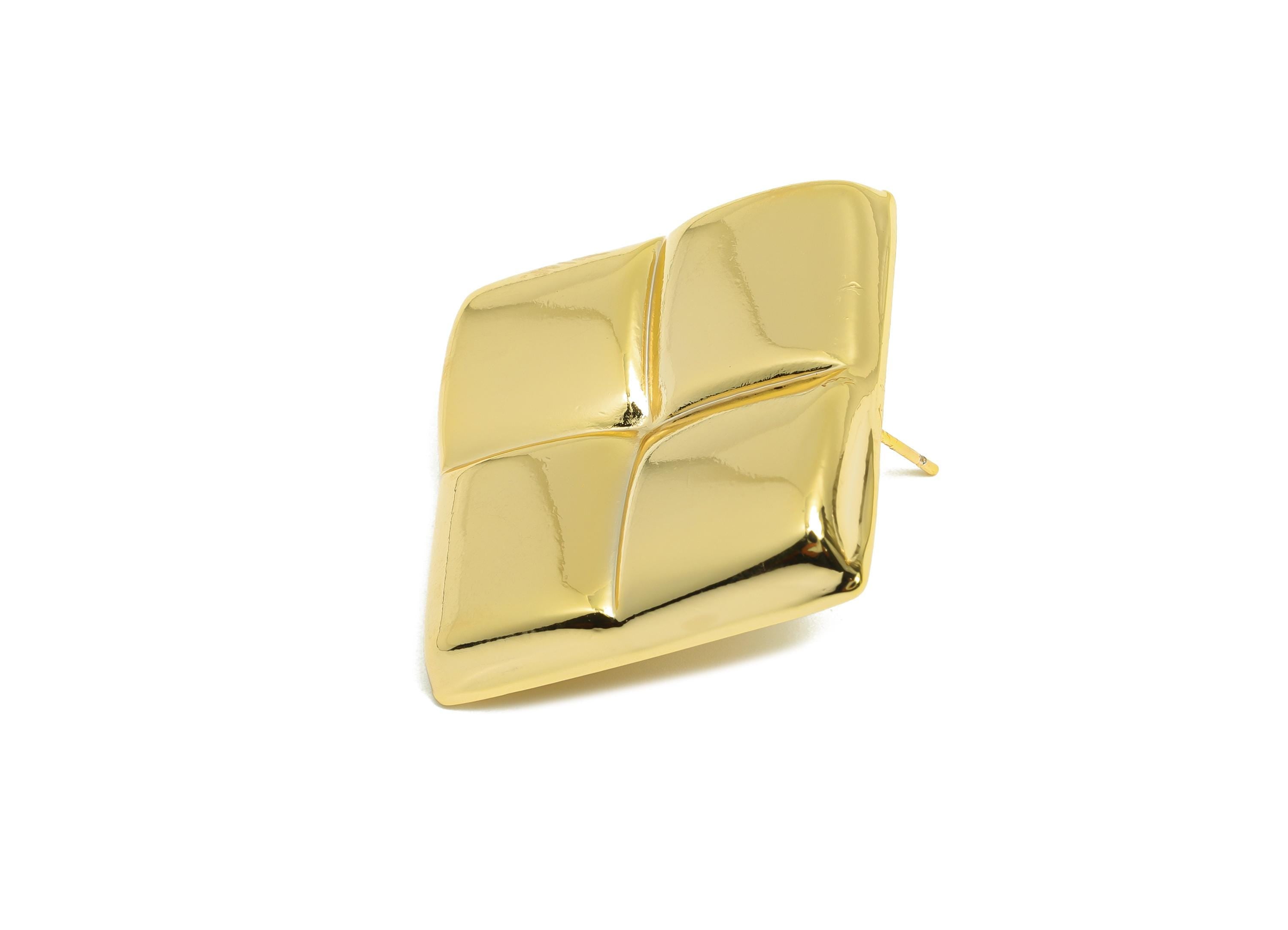 Brass Vintage Earring Post - Brass Pillow Cushion Square Earring - Geometric Four-Panel Stud Earring - Gold Jewelry - 38x29x4mm - RGP10055 - DOMEDBAZAAR