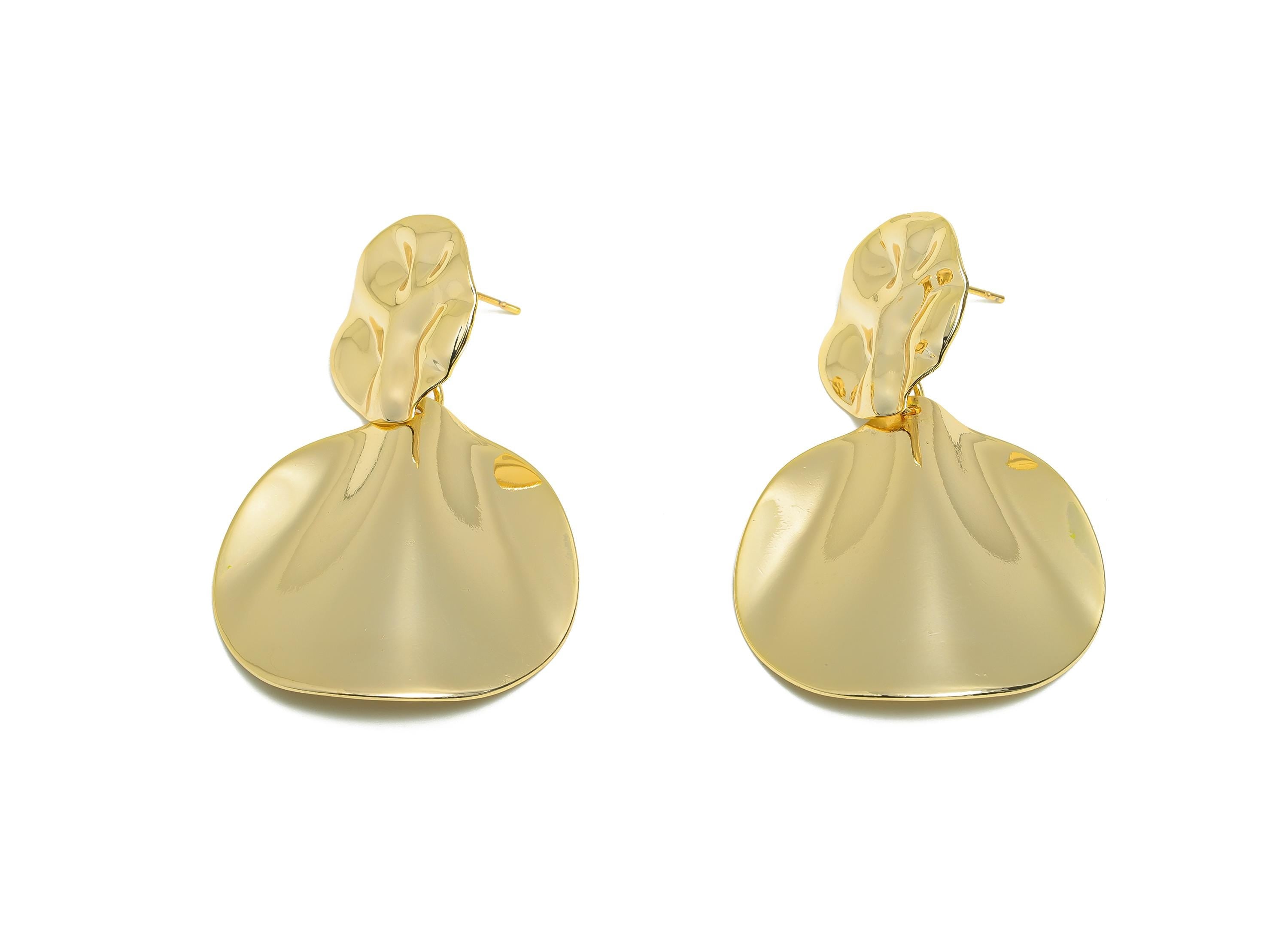 Brass Artistic Round Earring - Brass Unique Texture Wavy Earring Post - Gold Vintage Dangle Earring - Gold Jewelry - 50x33x4.5mm - RGP10083 - DOMEDBAZAAR