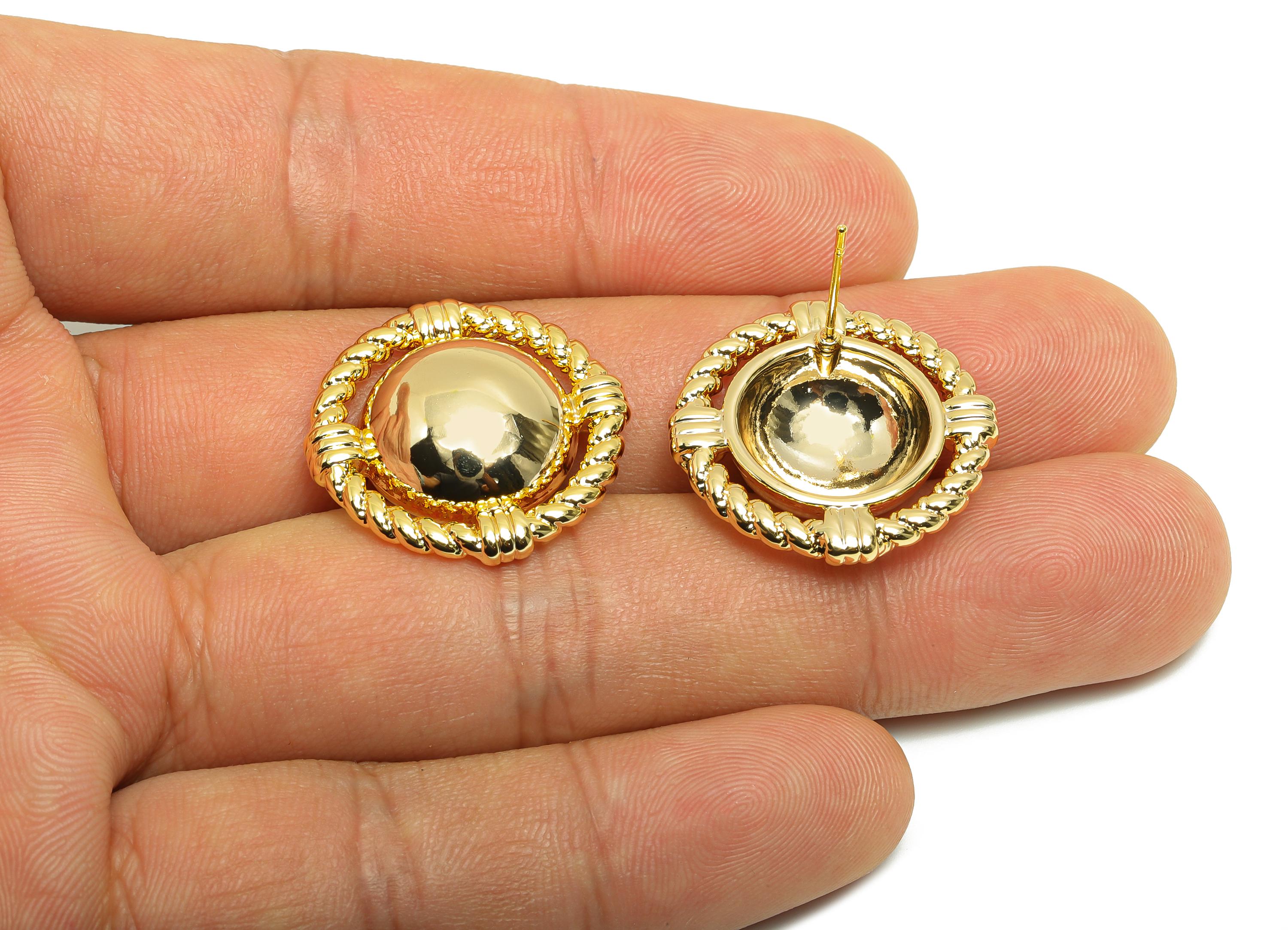 Vintage Rope Twist Stud Earring - Brass Classic Earrings Rope Earring Post - Gold Antique Dome Earring - Gold Jewelry - 23x23x6mm - RGP10106 - DOMEDBAZAAR