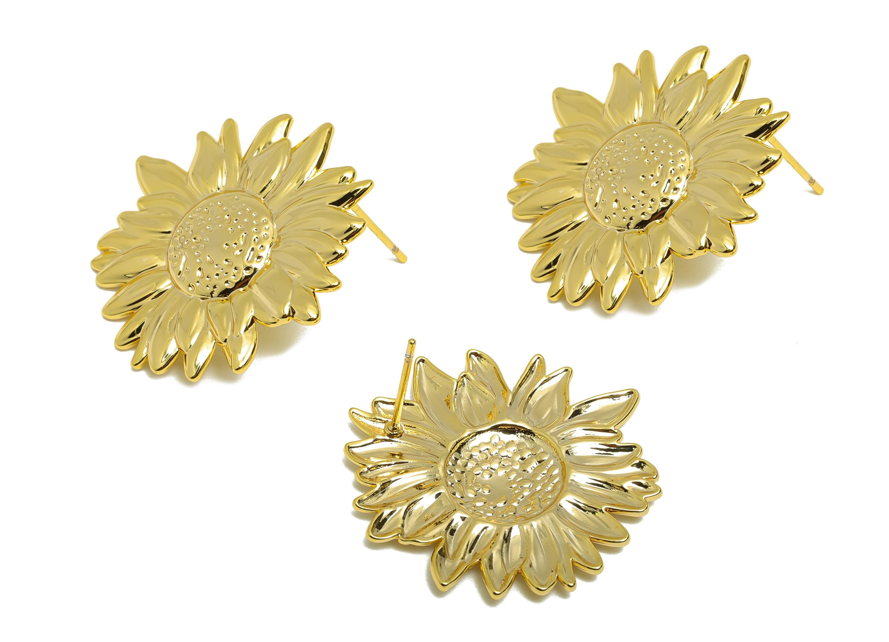 Brass Sunflower Stud Earring - Brass Nature-Inspired Sunflower Earring Post - Delicate Sunflower Earring - Gold Jewelry - 27x26x2mm-RGP10051 - DOMEDBAZAAR