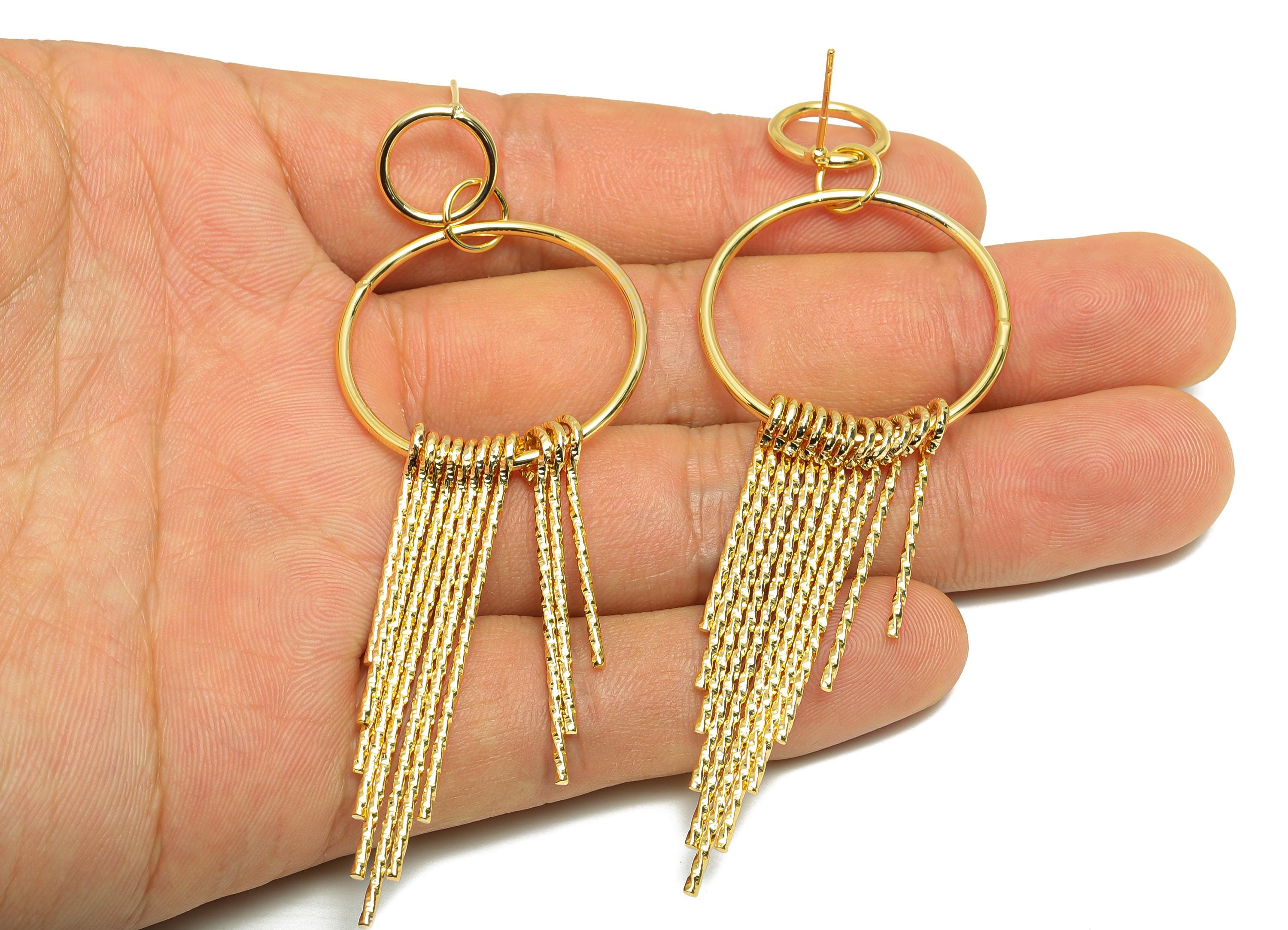 Dangle Tassel Earring Stud - Brass Boho Textured Tassel Wire Post - Layered Fringe Earring Bold Post - Gold Jewelry - 90x30x5mm - RGP10115 - DOMEDBAZAAR