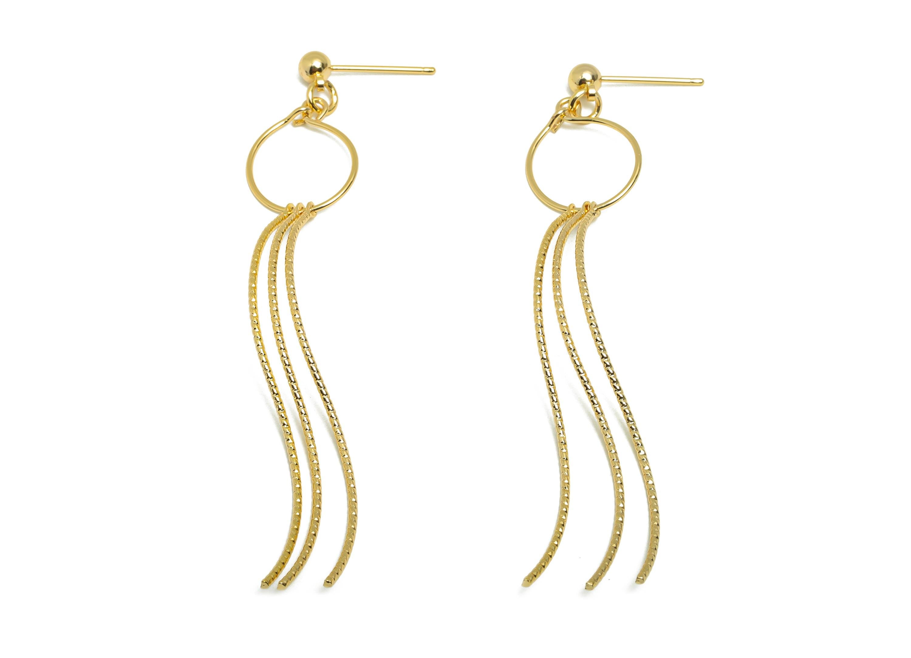 Dangle Tassel Earring Stud - Brass Boho Textured Tassel Wavy Wire Post - Layered Fringe Earring Bold Post- Gold Jewelry - 75x13x4mm-RGP10109 - DOMEDBAZAAR