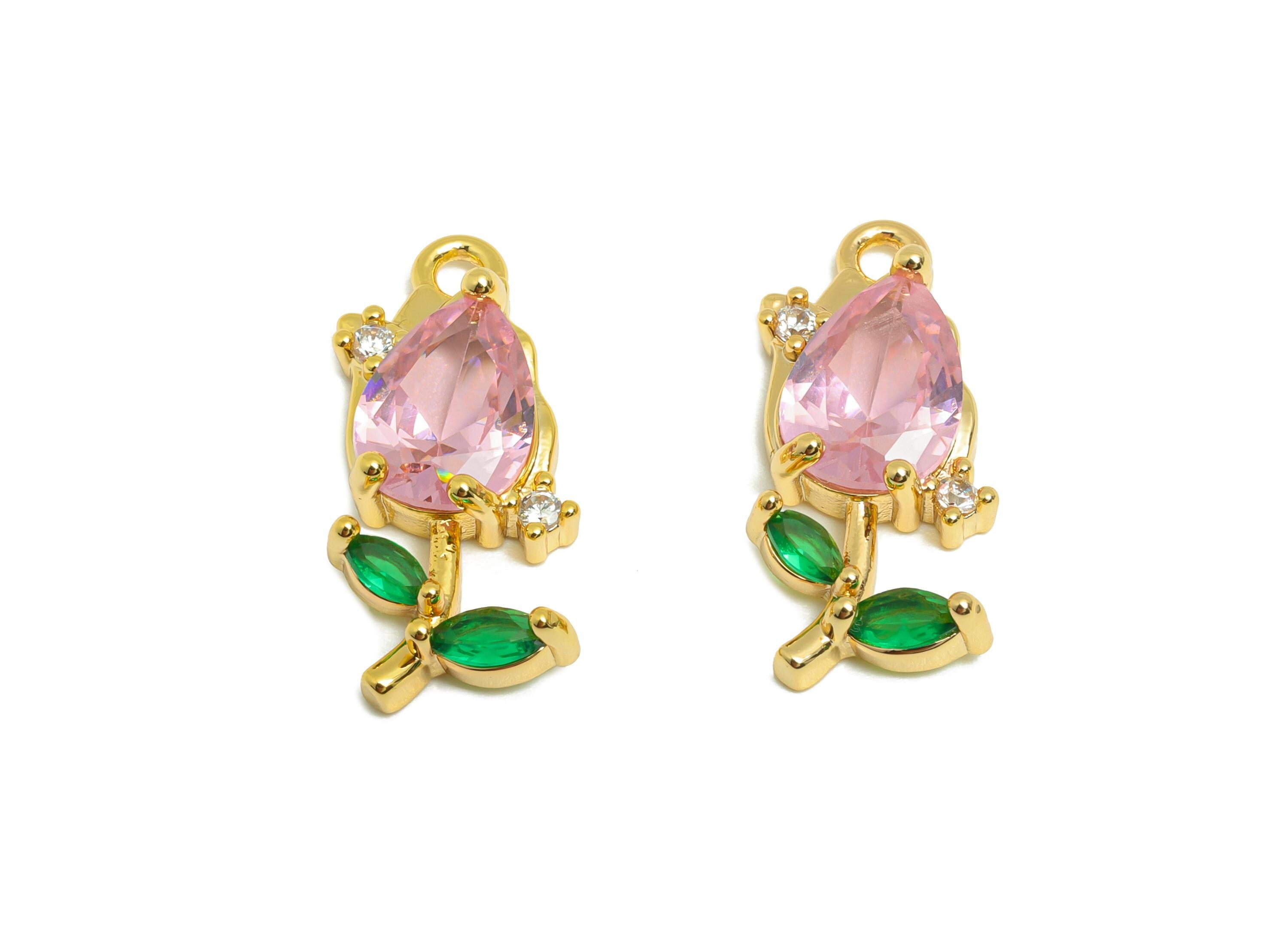 Rose Gemstone Pendant - Brass Zircon Vintage Pendant - Luxury Teardrop Charm - Crystal Elegant Jewelry - Gold Jewelry - 21x9x4mm - RGP10130 - DOMEDBAZAAR