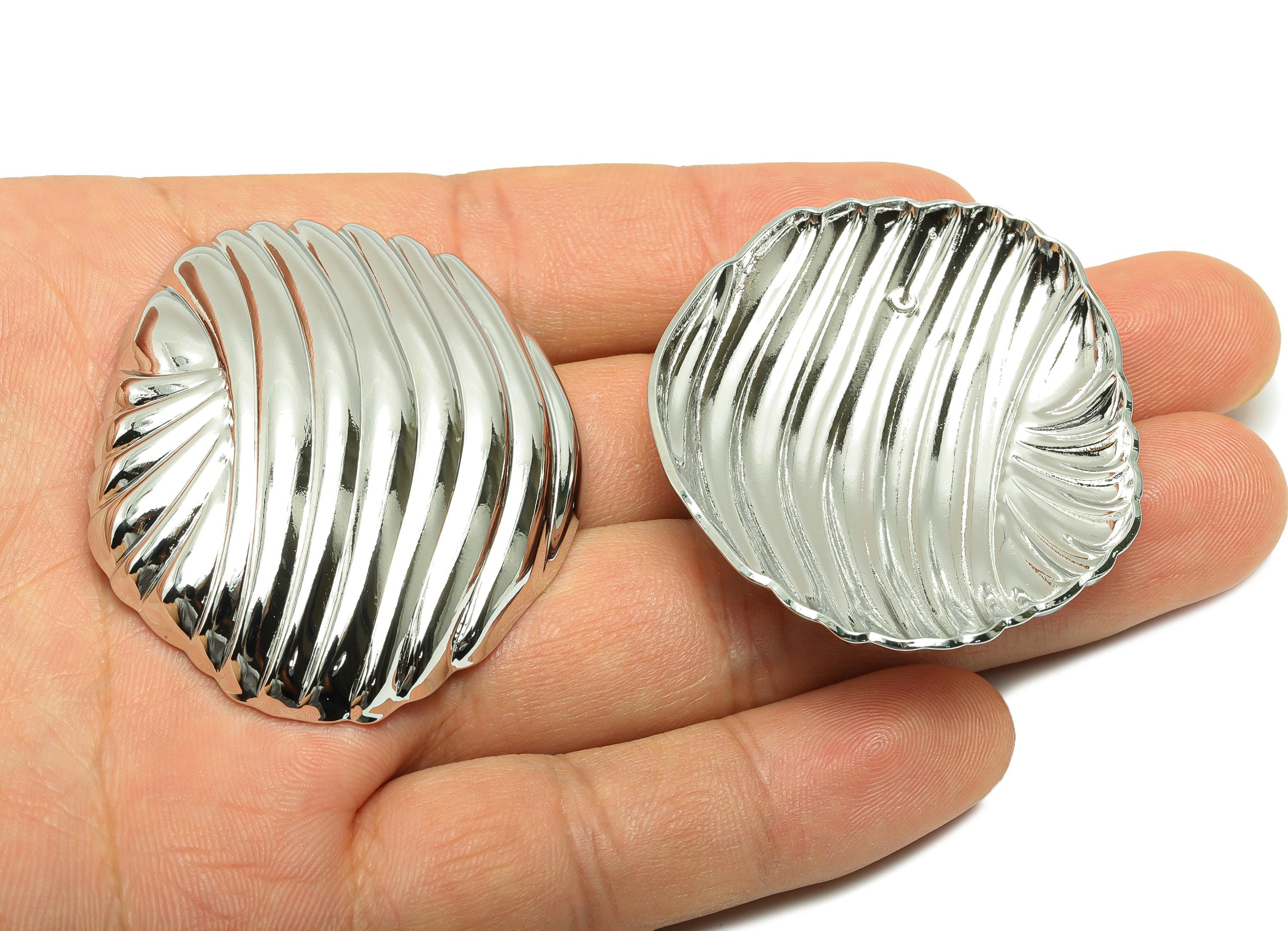 Brass Shell Earring - Brass Textured Bold Shell Earring - Silver Textured Wave Earring - Vintage-Inspired Rippled Stud - 49x41x8mm -RGP10078 - DOMEDBAZAAR