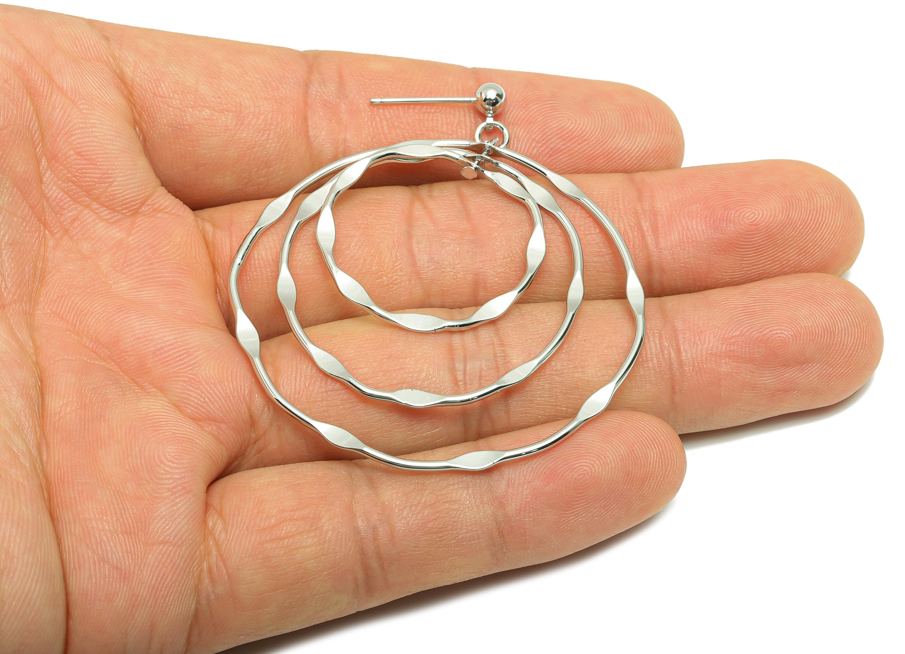 Hammered Earring Stud - Brass Boho Chic Layered Hoop Earring Post - Hammered Dangle Earring Post - White Gold Plated - 58x47x4mm - RGP10118 - DOMEDBAZAAR