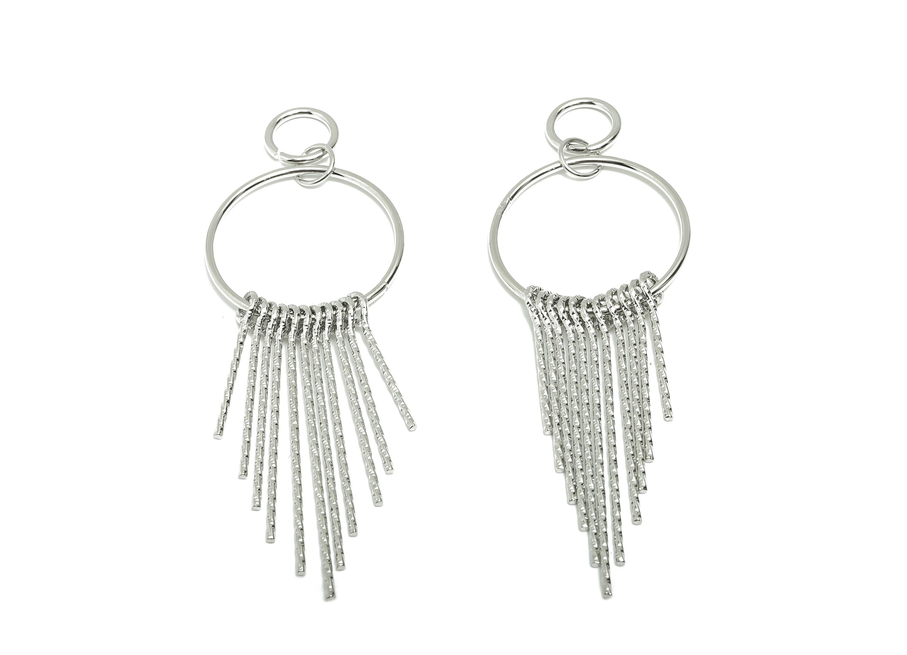 Dangle Tassel Earring Charm - Brass Boho Textured Tassel Charm - Layered Fringe for Bold Charm - 18k White Gold Plated - 90x30x5mm -RGP10114 - DOMEDBAZAAR
