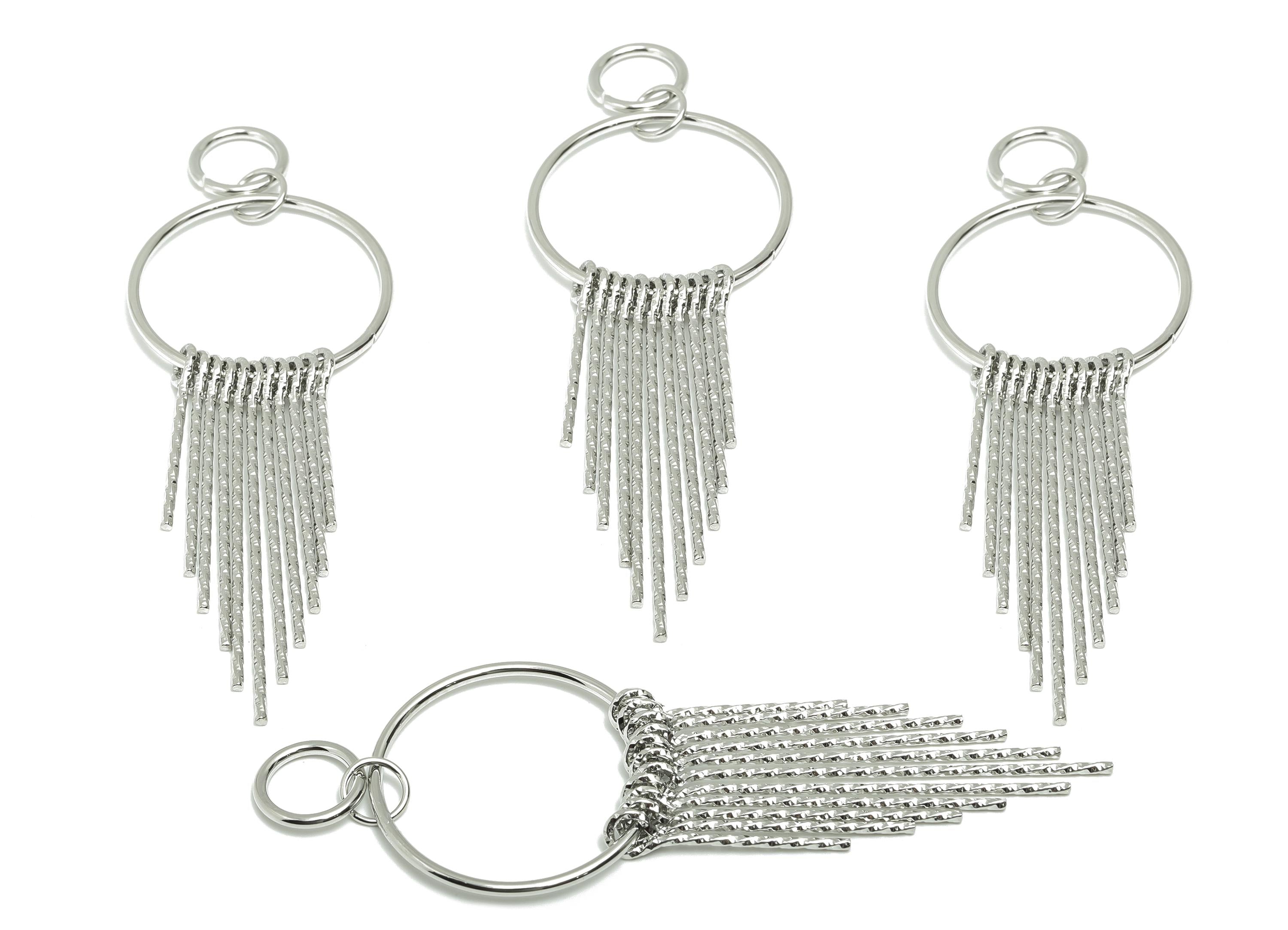 Dangle Tassel Earring Charm - Brass Boho Textured Tassel Charm - Layered Fringe for Bold Charm - 18k White Gold Plated - 90x30x5mm -RGP10114 - DOMEDBAZAAR