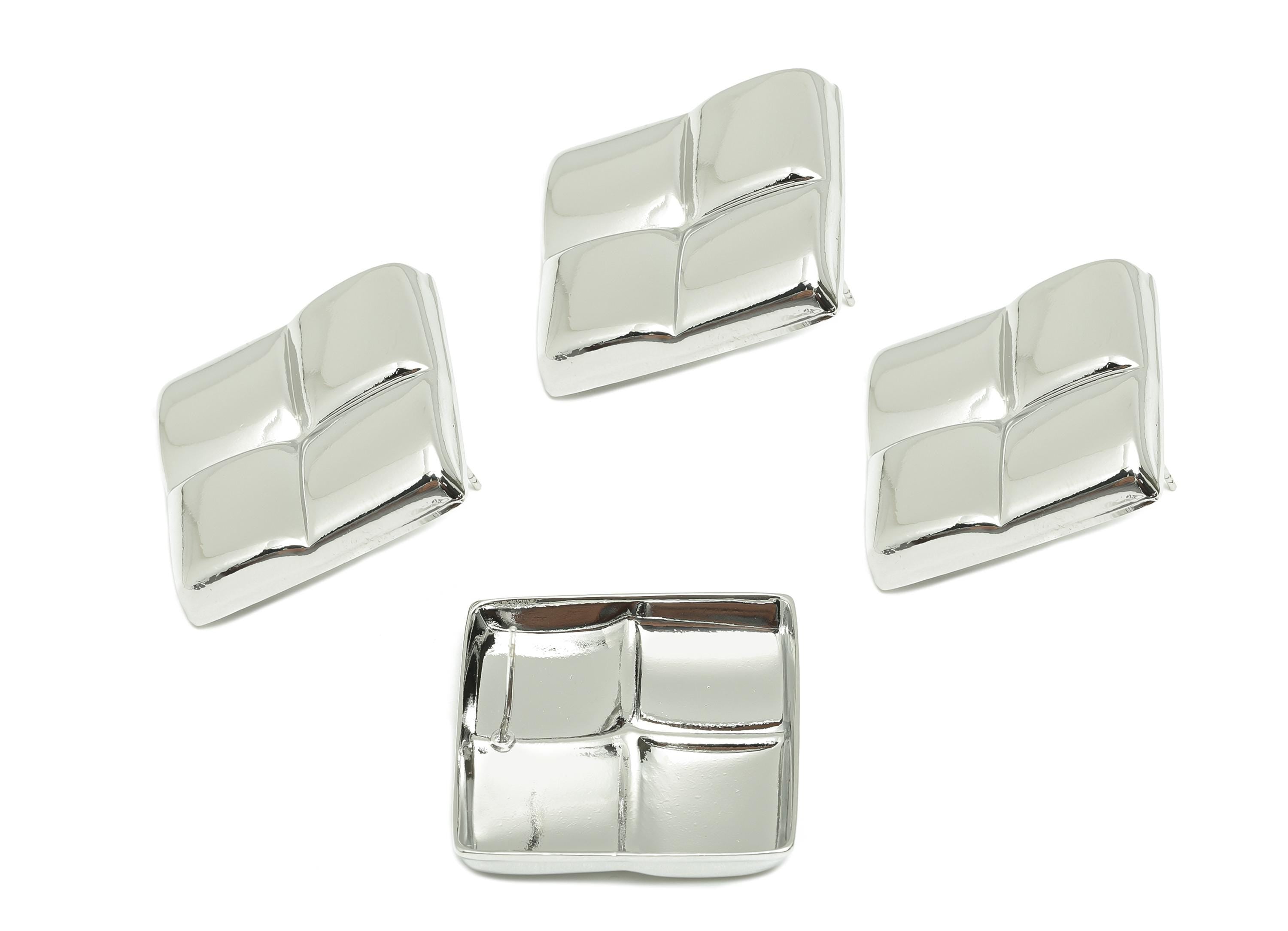Brass Vintage Earring - Brass Pillow Cushion Square Earring - Geometric Four-Panel Stud Earring - White Gold Plated - 38x29x4mm - RGP10054 - DOMEDBAZAAR