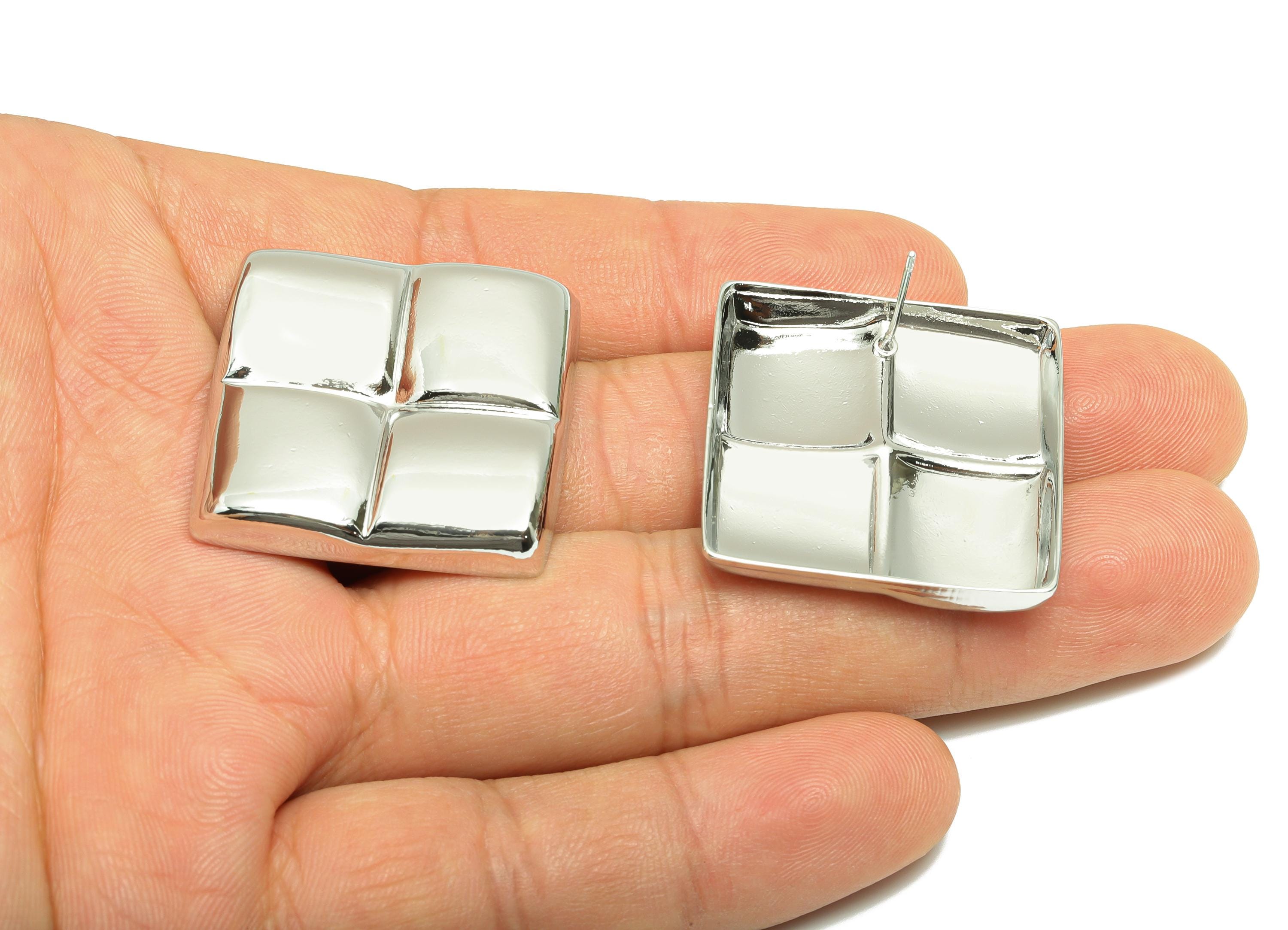 Brass Vintage Earring - Brass Pillow Cushion Square Earring - Geometric Four-Panel Stud Earring - White Gold Plated - 38x29x4mm - RGP10054 - DOMEDBAZAAR