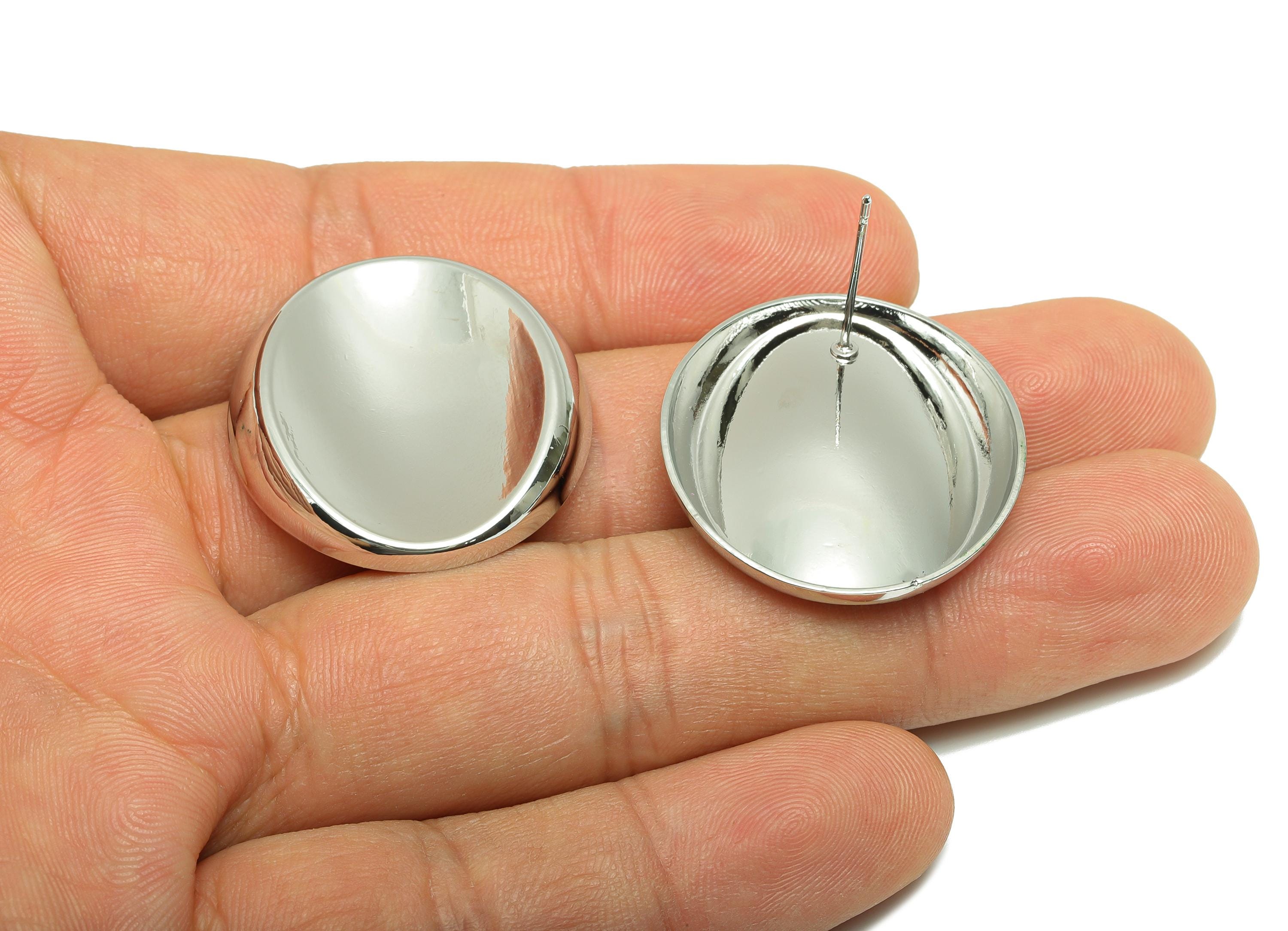 Brass Sunken Earring - Brass Sleek Oval Flat Disc Design Earring Stud - Simple and Chic Earring - White Gold Plated - 29x27x4mm - RGP10066 - DOMEDBAZAAR