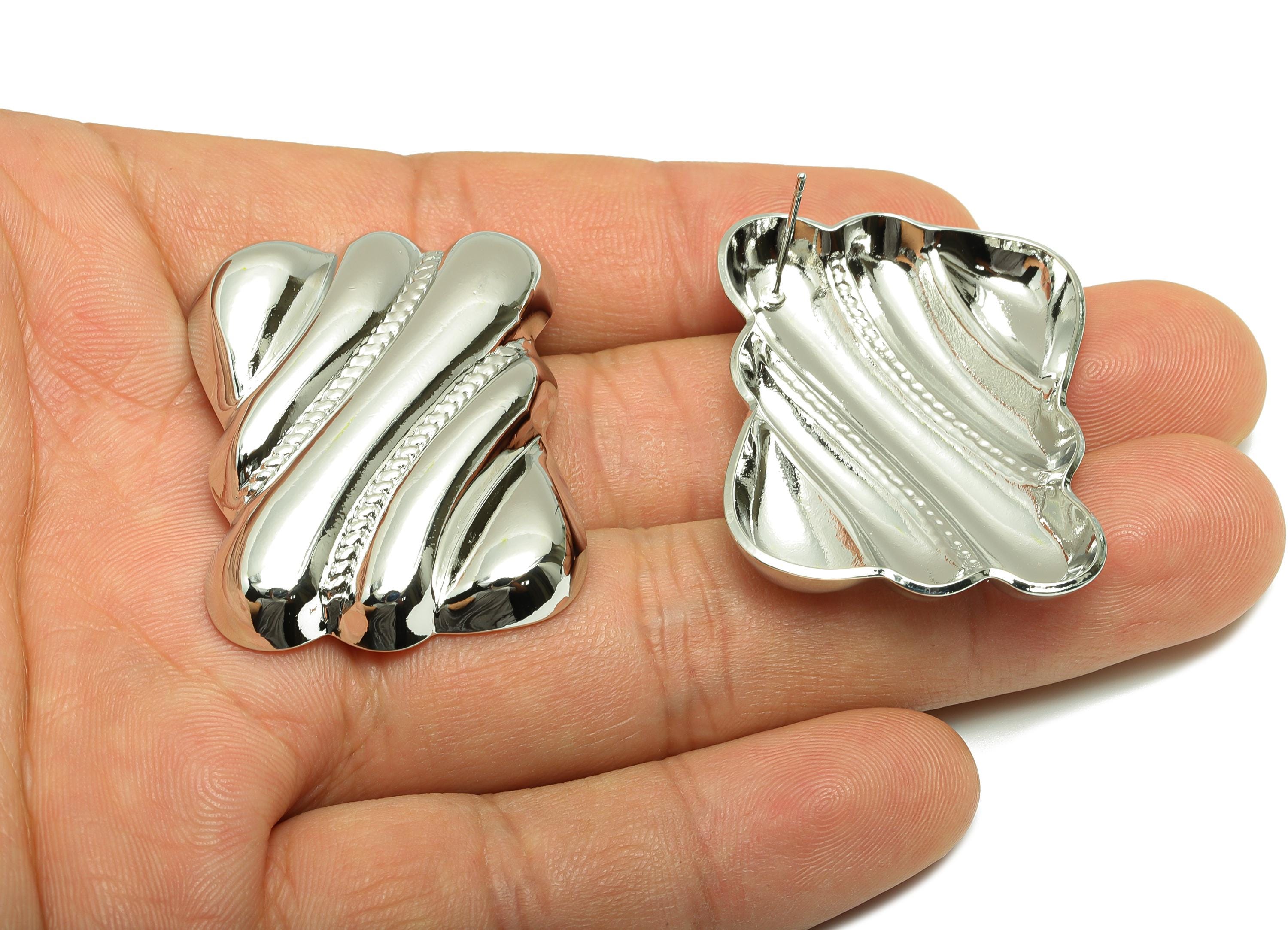 Gold Vintage Earring - Brass Textured Abstract Earring Post - Elegant Vintage Rippled Earring Stud - White Gold Plated - 39mx29x5mm-RGP10038 - DOMEDBAZAAR