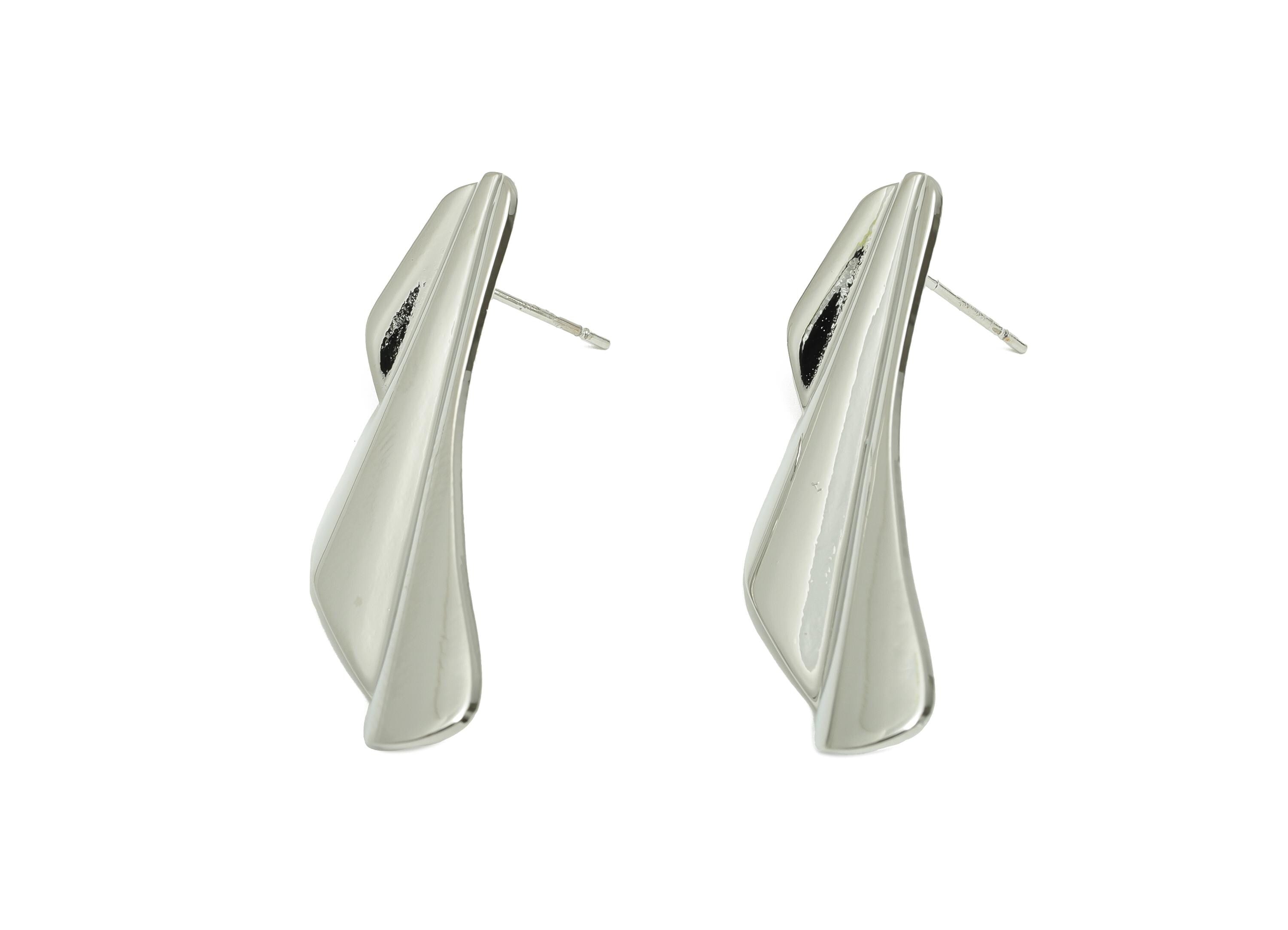 Brass Folding Irregular Earring - Brass Classic Abstract Earring Stud - Sculpted Earring Stud - White Gold Plating - 36x13x2mm - RGP10056 - DOMEDBAZAAR