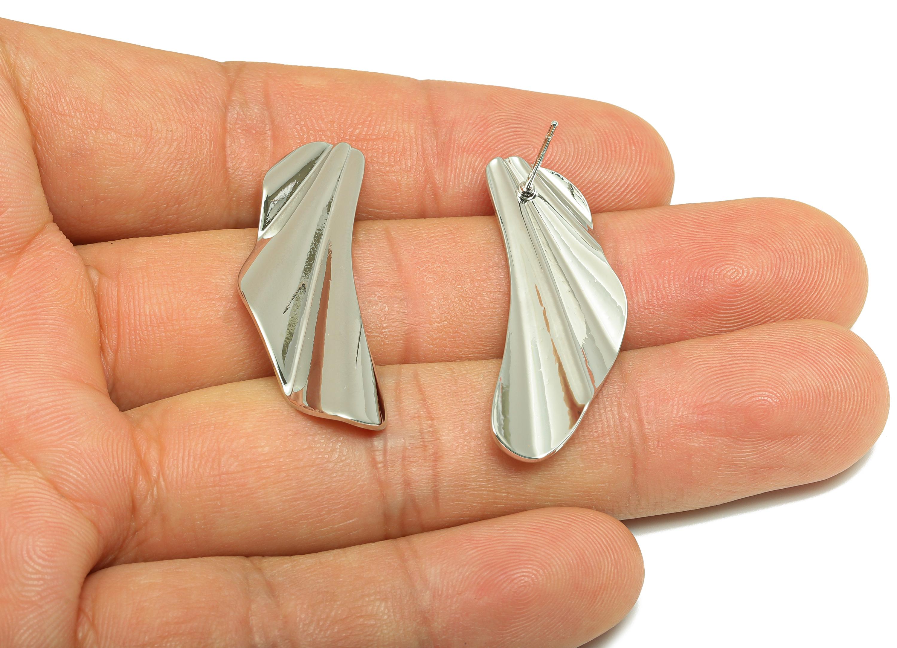 Brass Folding Irregular Earring - Brass Classic Abstract Earring Stud - Sculpted Earring Stud - White Gold Plating - 36x13x2mm - RGP10056 - DOMEDBAZAAR